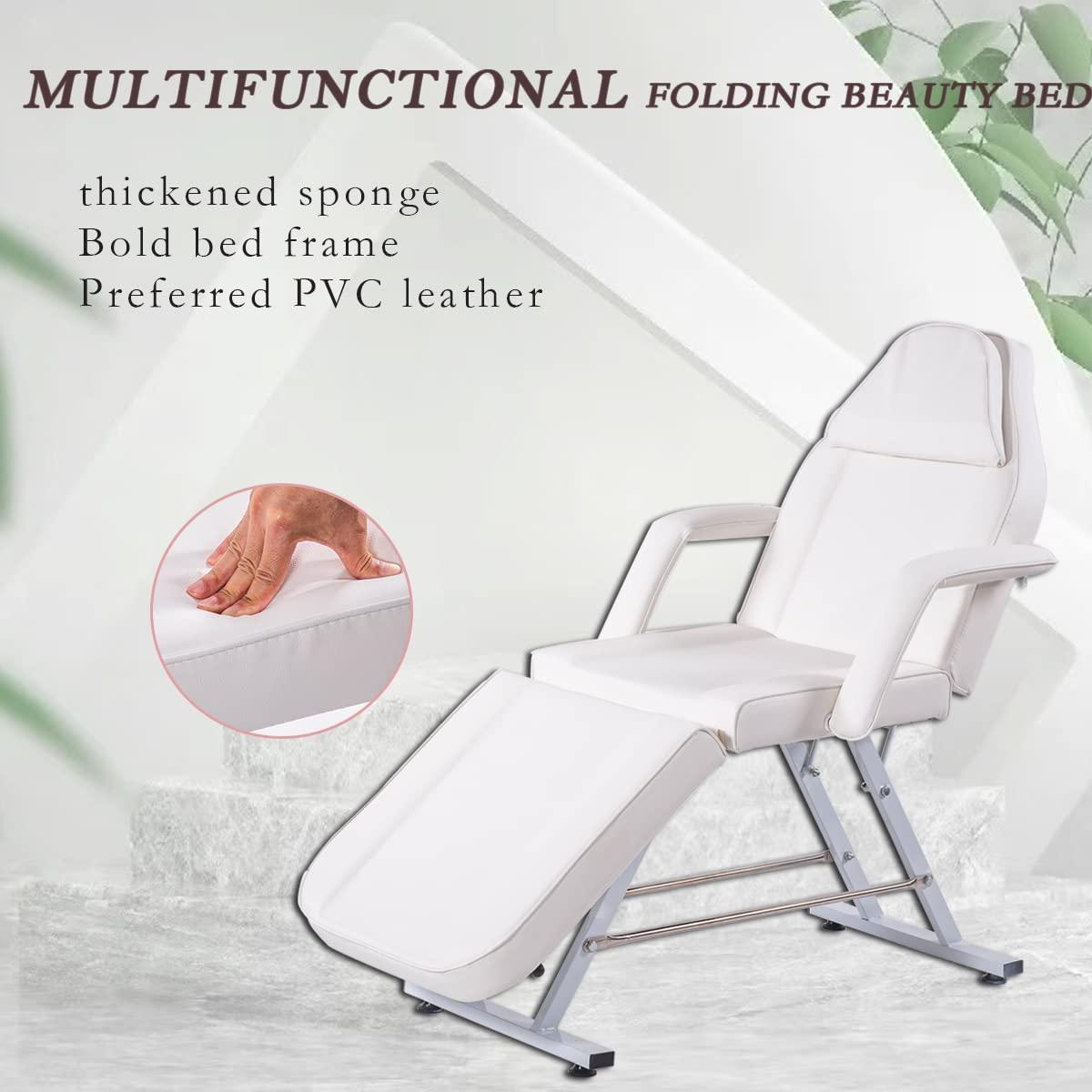 LSBIKE LSBIKE Beauty Bed with Stool and Sheets Adjustable Massage Chair Reclining Salon Bed Lash Chair with Removable Armrests Headrest Massage Table Set for Spa Salon Tattoo Facial (White)