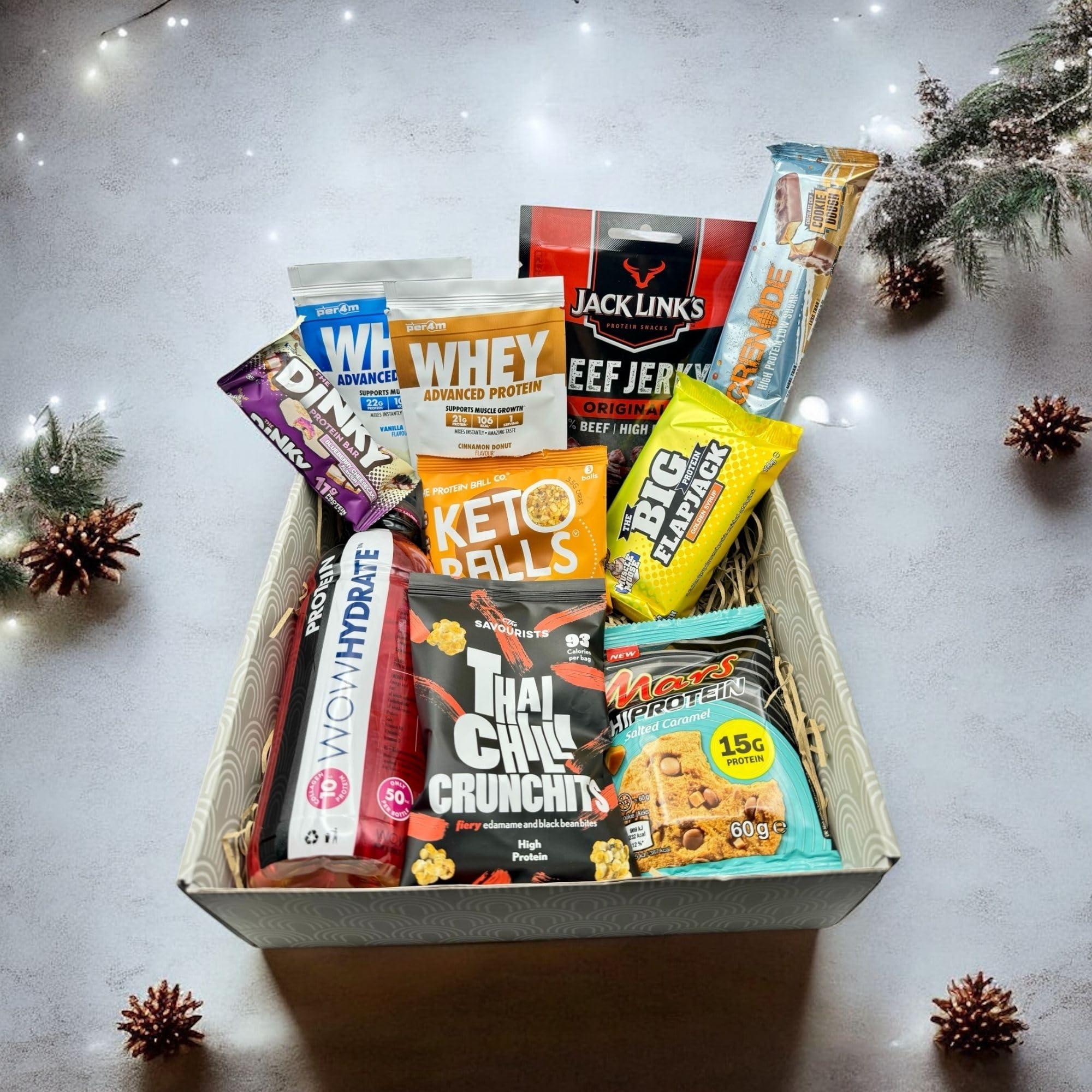A Amousa Protein Hamper-Protein Gift Set & Fitness Hamper Including Protein Bar, Protein Powder & More! This Protein Box Is A Great Gym Gifts for Men&Women! Protein Gifts for Men,Women & Gifts for Gym Lovers!