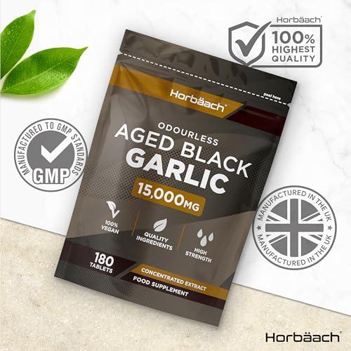Horbach Black Garlic Tablets 15000mg | 180 Count | High Strength Odourless Concentrated Garlic Extract | Aged Black Garlic Vegan Supplement | by Horbaach