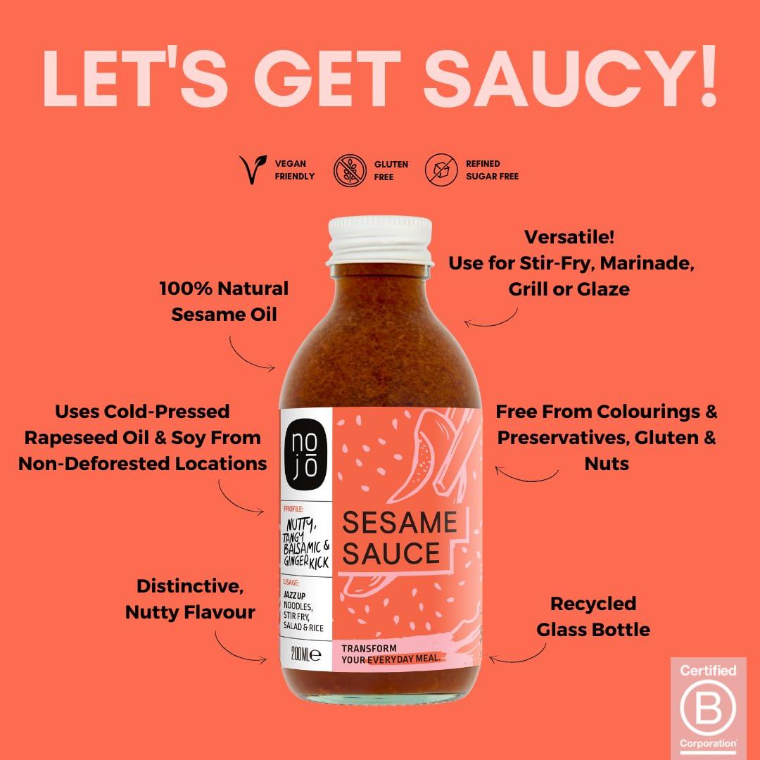 nojo Sesame Sauce with Sesame Oil for Stir Fry, Marinade, or Dressing | Non-GMO & No Added Sugar | Gluten-Free, Nut-Free, Vegan | 200ml x 6 Recycled Glass Bottles I NOJ Sesame Sauce
