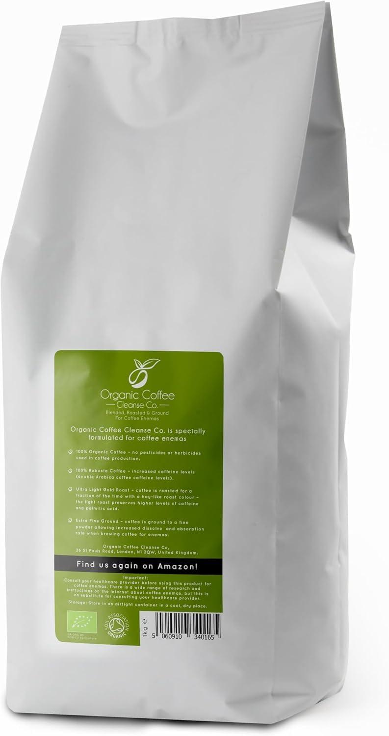 Organic Coffee Cleanse Co. Ground Enema Coffee 2kg - 2 x 1kg Bundle - For Coffee Enemas - Organic Coffee Cleanse Co - 100% Robusta & 100% Organic - Ultra Light Gold Roast - Fine Grind