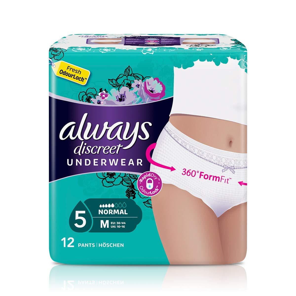 Always Discreet Always Discreet Incontinence, Pants Size M for Women with Sensitive Bladder, 5 Drops Absorbency - Super Saving Box - 2 Packs of 12 Count (Total 24 Count)