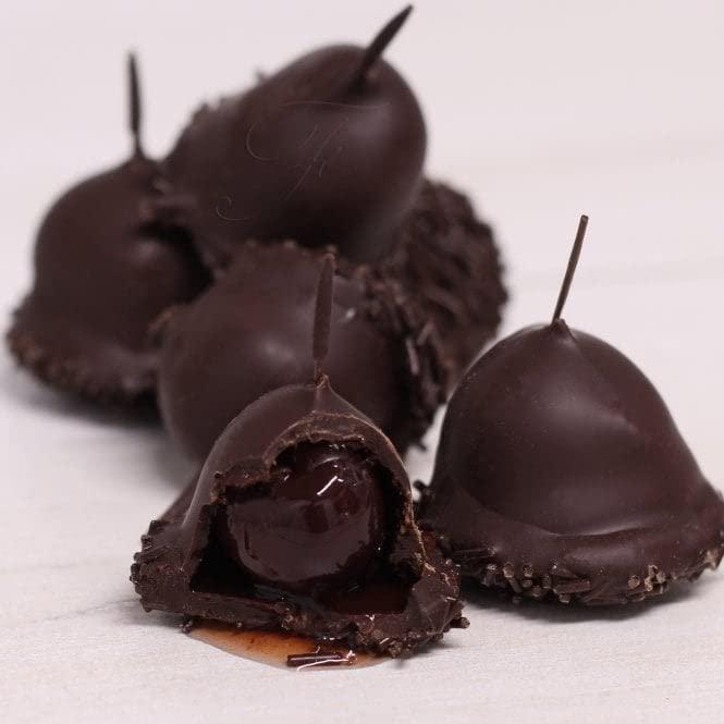 Duva, packed by The Chocolate Shop Cerisettes Whole Cherry in Brandy Covered in Dark Chocolate 12-13 Chocolates 200g