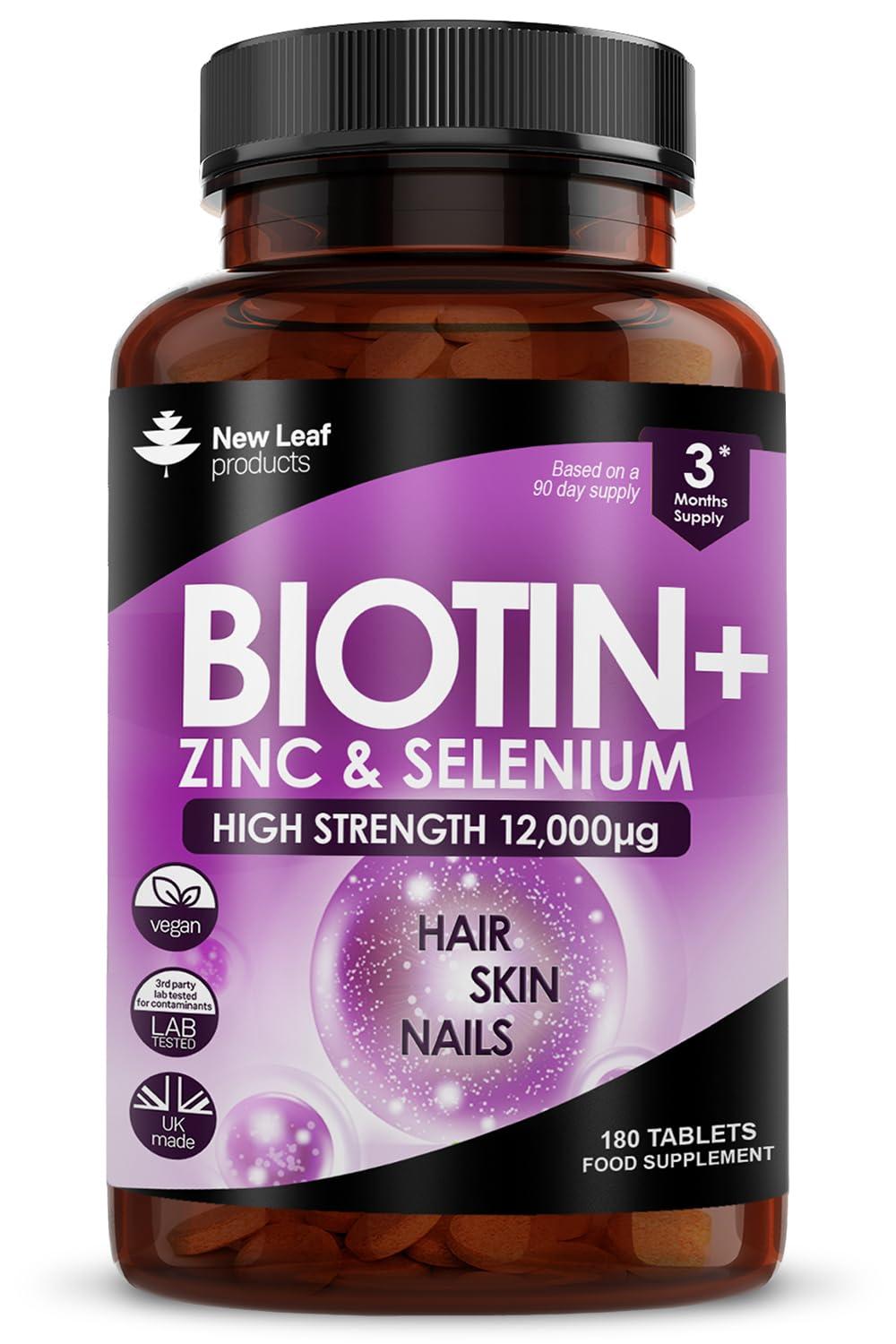 NEW LEAF PRODUCTS Biotin Hair Growth Vitamins 12,000mcg D-Biotin Tablets Enriched with Zinc & Selenium Vegan Hair Skin & Nails Vitamins for Women and Men High Strength Hair Vitamins 6 Months Supply UK Made - New Leaf