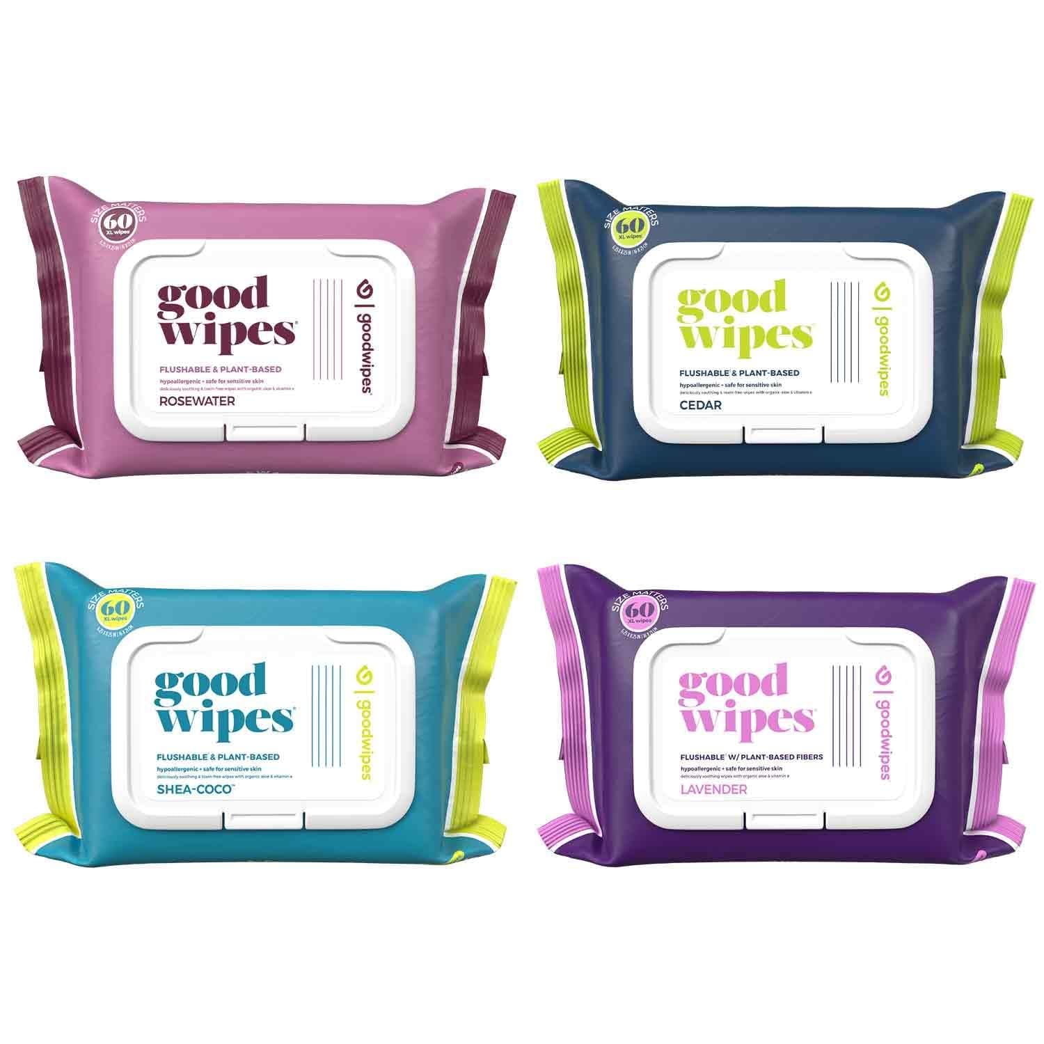 goodwipes Goodwipes Flushable & Biodegradable Wipes with Botanicals, Dispenser for At-Home Use Safe, Shea-Coco with Aloe, Septic and Sewer Safe (4 Variety Scent Pack)