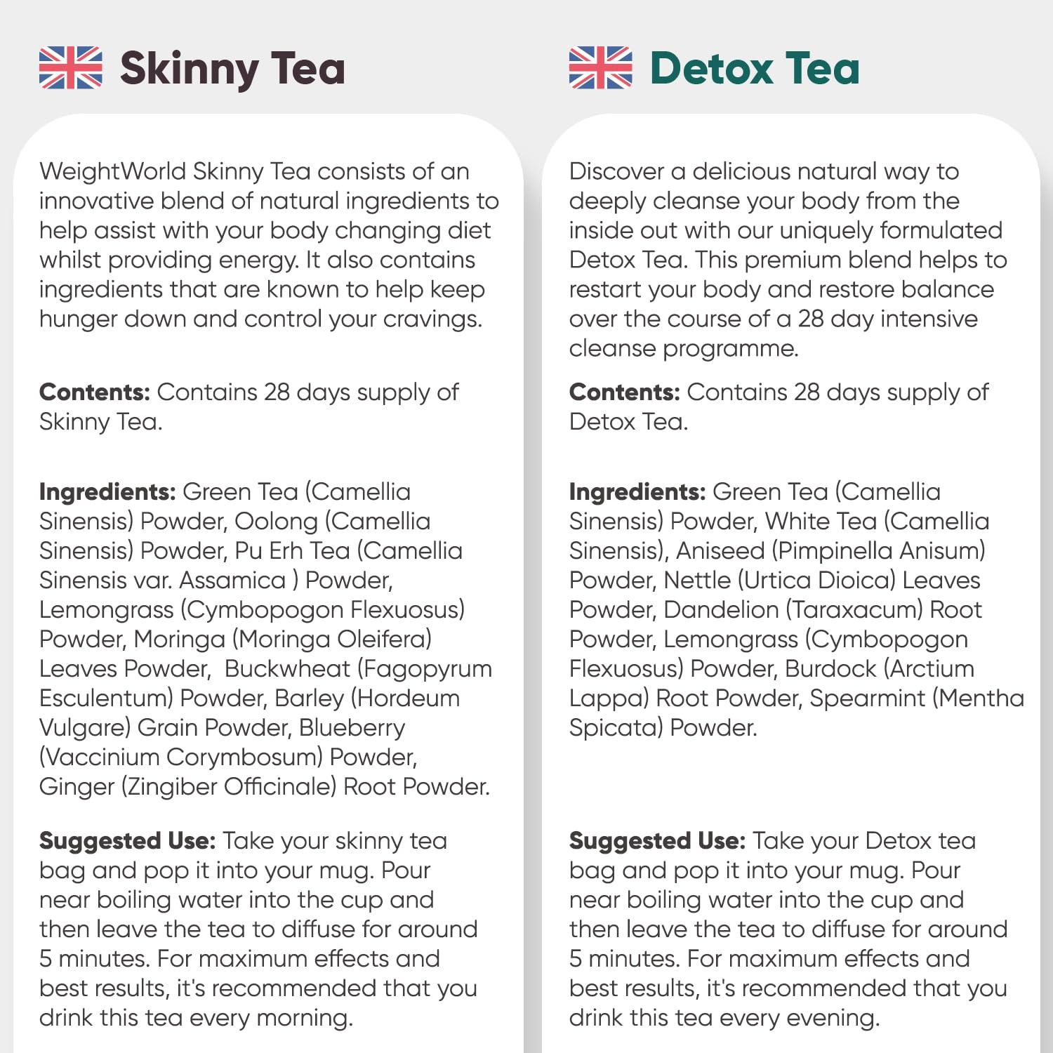 WeightWorld Skinny & Detox Tea Combo | Green Tea, Spearmint, Dandelion Root, Ginger, Lemongrass, Moringa & Oolong | For Morning & Night Routines | 56 Bags | 28 Days Programme | Zero-Calorie Herbal Blend