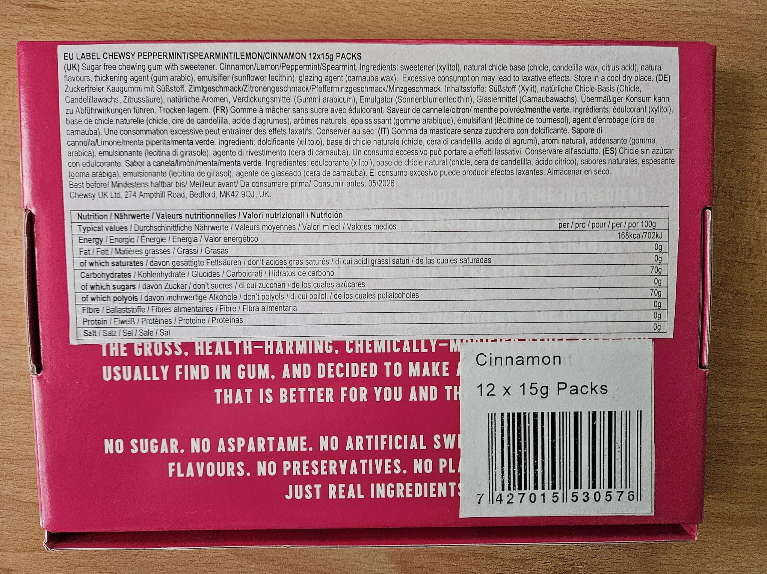 CHEWSY Chewsy Cinnamon Plastic Free Gum | Plant Based | Sugar Free | Aspartame-Free | Xylitol | Tooth Friendly | Vegan | Biodegradable | Natural Chewing Gum 12 Packs