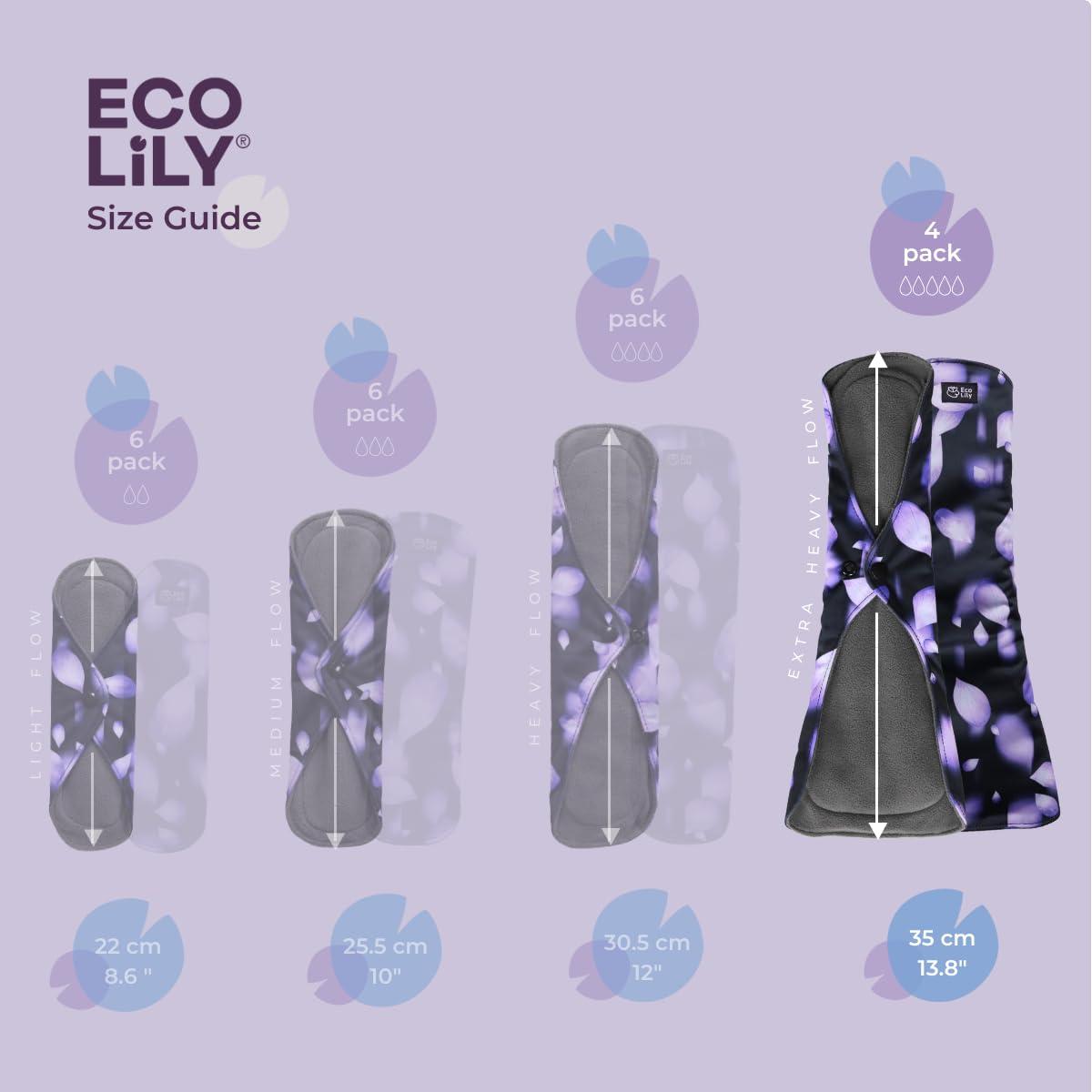 Eco Lily Eco Lily Reusable Sanitary Pads - Sanitary Towels - Period Pads Leakproof Odour-Absorbing Charcoal Bamboo Pads (4 Pk Extra Heavy Flow)