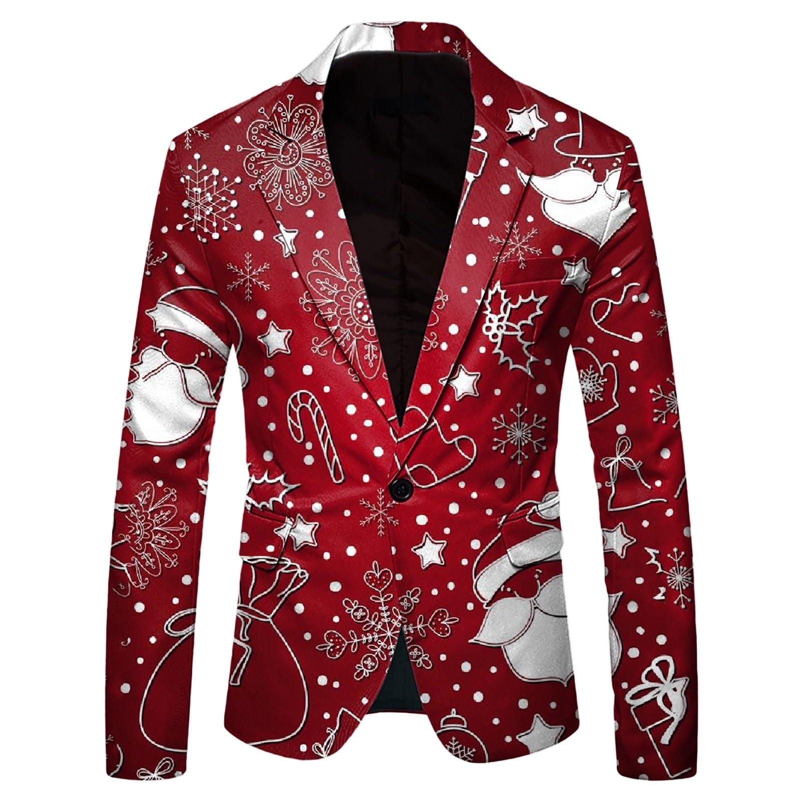 Foweknow Foweknow Christmas Suit Men's Christmas Jacket Funny Christmas Suit Jacket Festive Santa Xmas Costume Long Sleeve Slim Fit Outdoor Jacket Lapel Collar Leisure Jacket with Buttons, Wine Red, 3XL