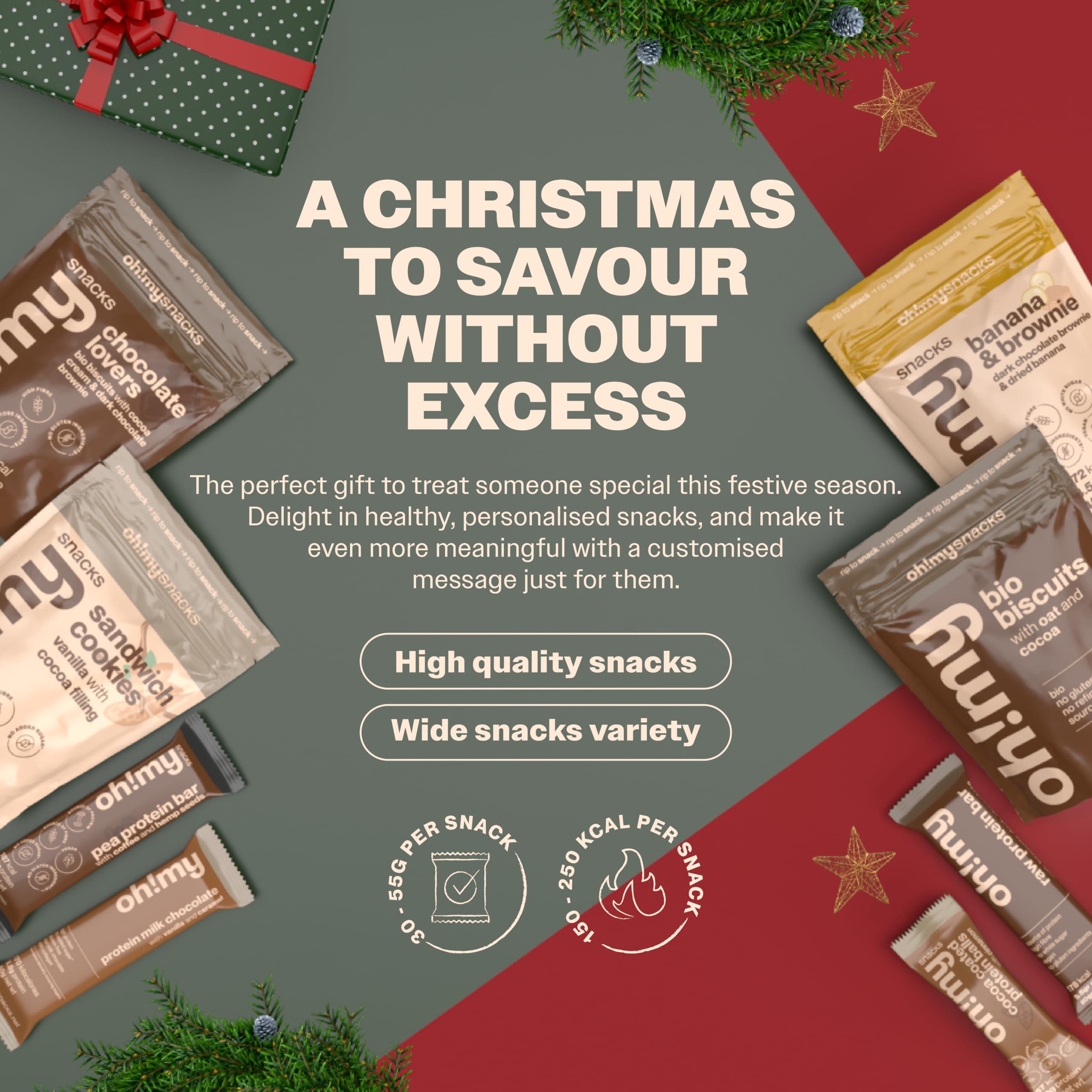 Oh My Snacks Oh!mysnacks Christmas Hamper - Personalised Gift Hamper of Healthy Snacks | Snack Hamper for Adults with Protein Bars, Cookies and other Low Calorie Sweets | Christmas Food Hamper (60 Snacks)