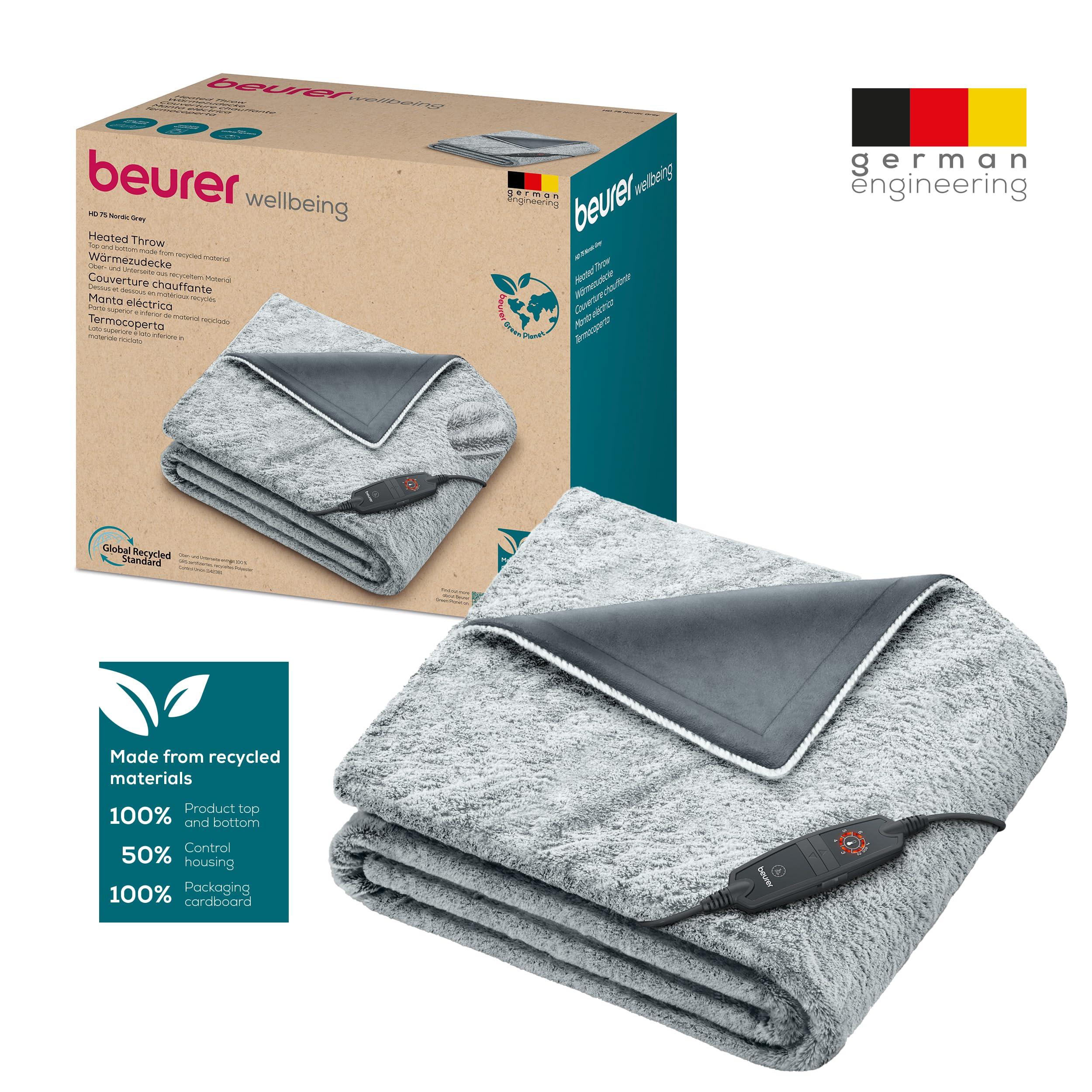 Beurer Beurer HD75 Nordic Grey Green Planet Electric Blanket, Heat Blanket Made from Recycled Material, Cuddly Soft, 6 Temperature Levels, Machine Washable, Automatic Shut-Off, 180 x 130 cm