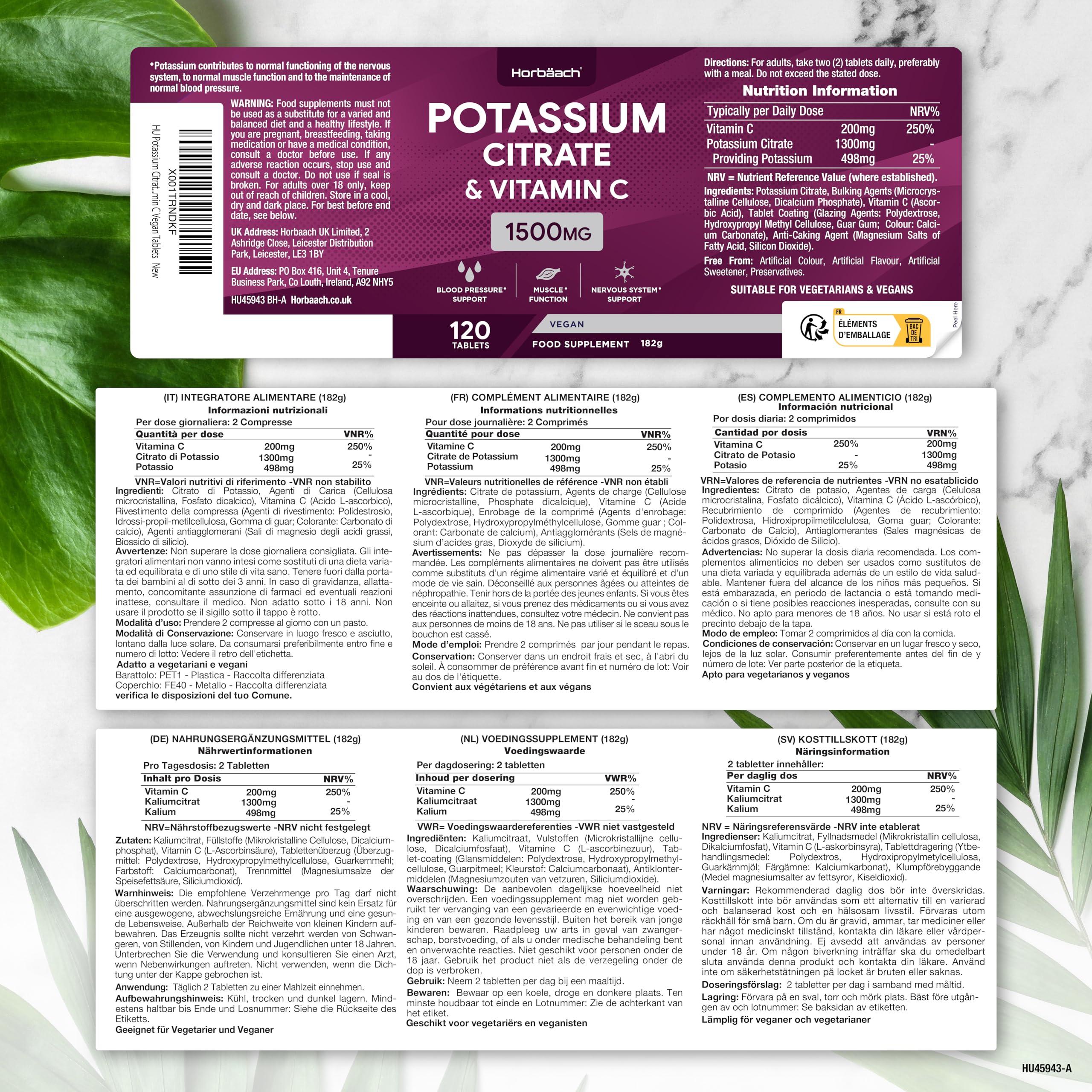 Horbach Potassium Supplement 1500mg with Vitamin C | High Strength Potassium Citrate | Electrolyte Tablets | 120 Count | 100% Vegan | by Horbaach