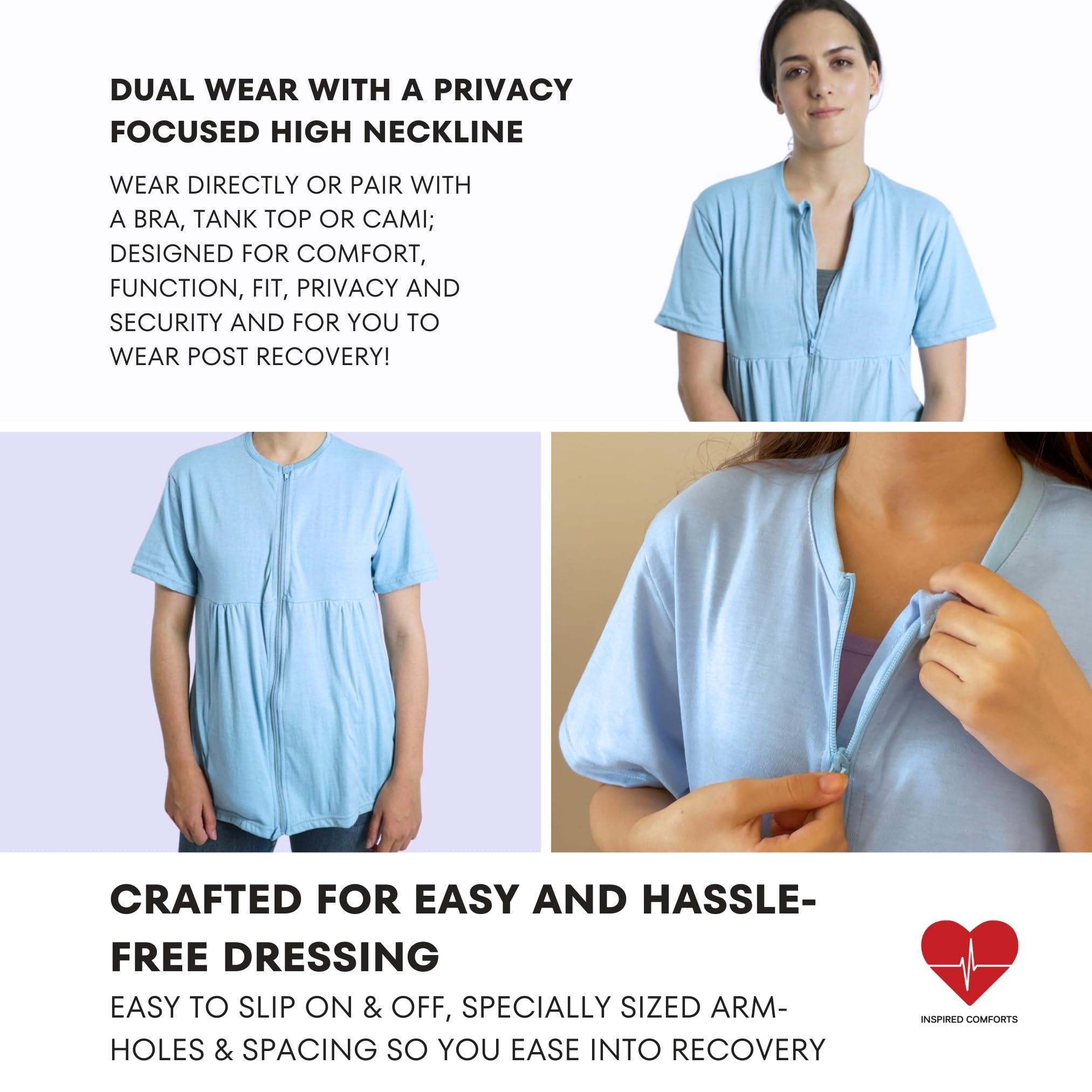 Inspired Comforts Inspired Comforts Mastectomy Recovery Shirt with Drain Pockets & Fasteners to Hold Drainage Tubes - blue - XX-Large