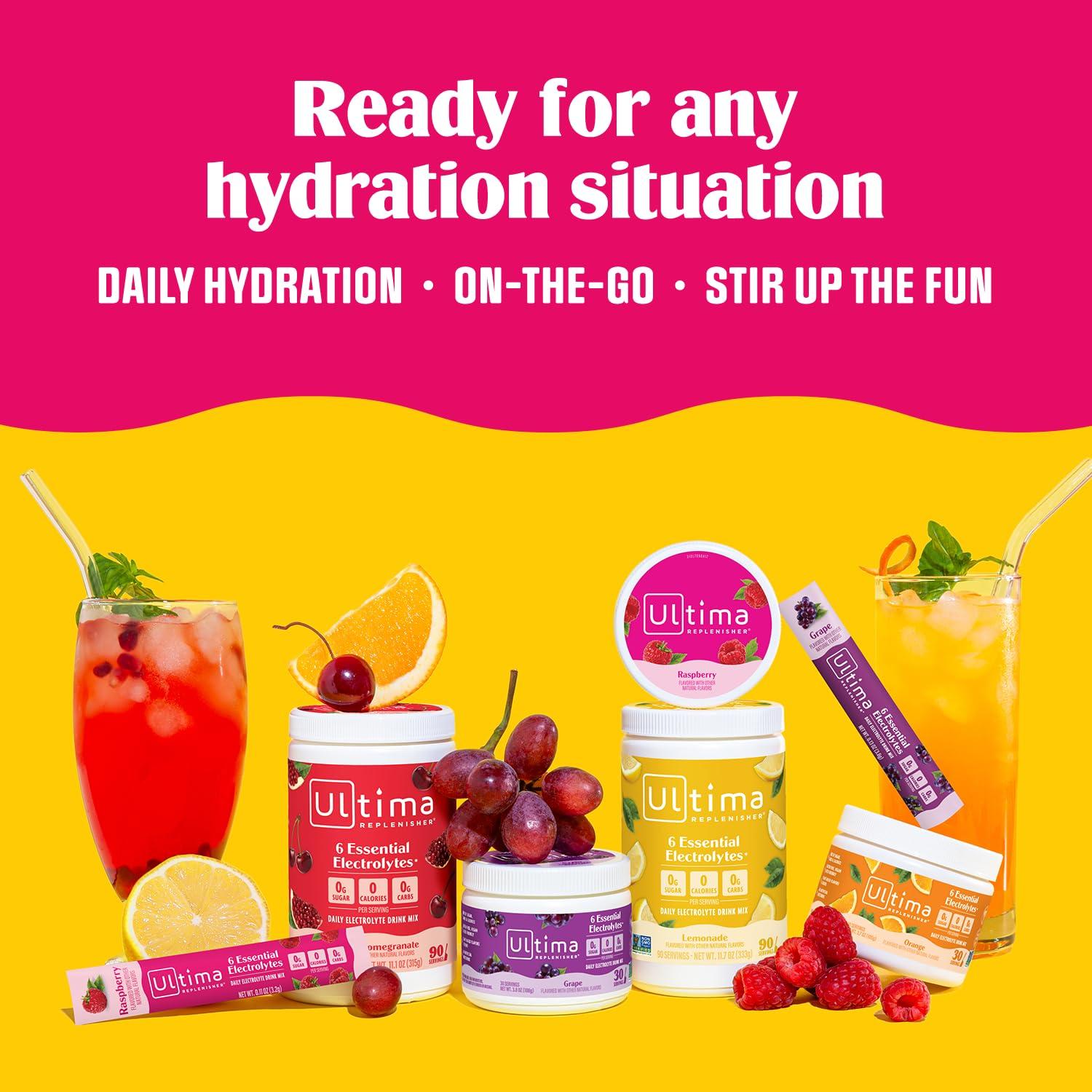 Ultima Replenisher Ultima Replenisher Daily Electrolyte Powder Drink Mix Sugar Free Pink Lemonade, 20 Stickpacks Hydration Packets with 6 Electrolytes and Trace Minerals Keto Friendly, Vegan, Non-GMO