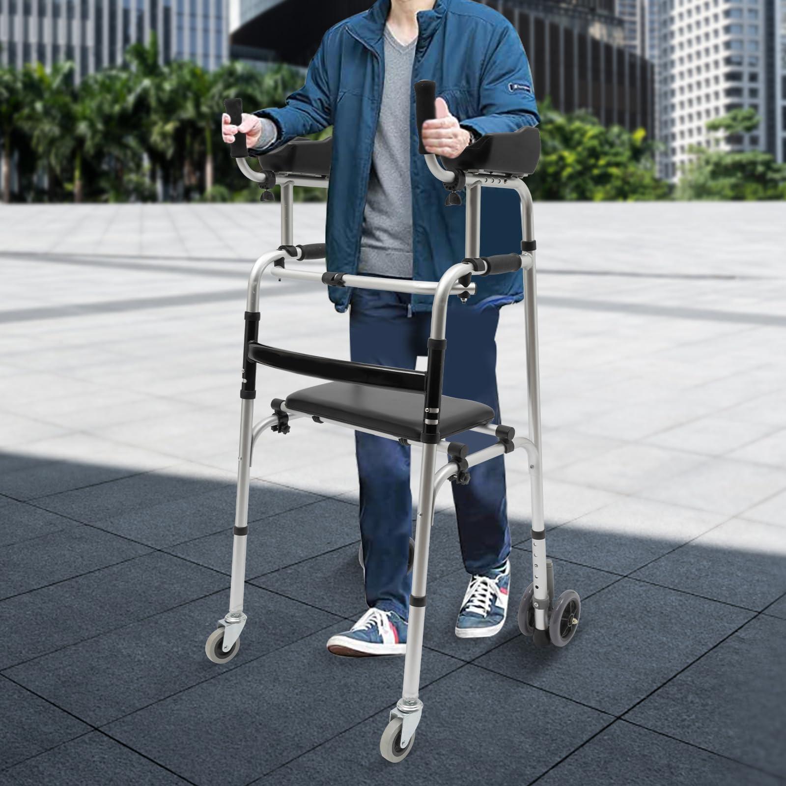 PINYELIN Seniors Stand Upright Rolling Walkers, Aluminium Stand Upright Walker Aid Elderly Disabled Walking Standing, Walkers Walking Frames Folding Rolling Upright Walkers