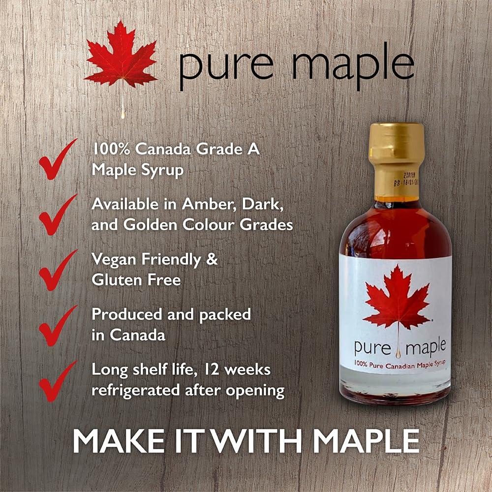 Pure Maple Pure Canadian Maple Syrup - Grade A - Ideal Topping for Porridge, Ice Cream, Fruit, Pancakes - 100% Natural Sweetener - 264g / 200ml (200ml, Dark)