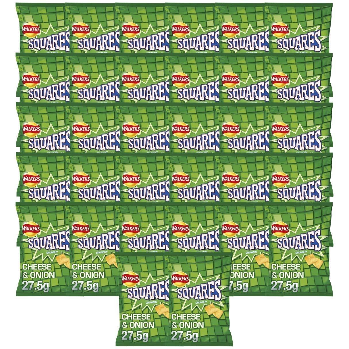 Walkers Walkers Crisps Squares Cheese and Onion Snacks Box, 27.5 g (Case of 32) (Packaging may vary) & Crisps Quavers Cheese Snacks Box, 20 g (Case of 32)