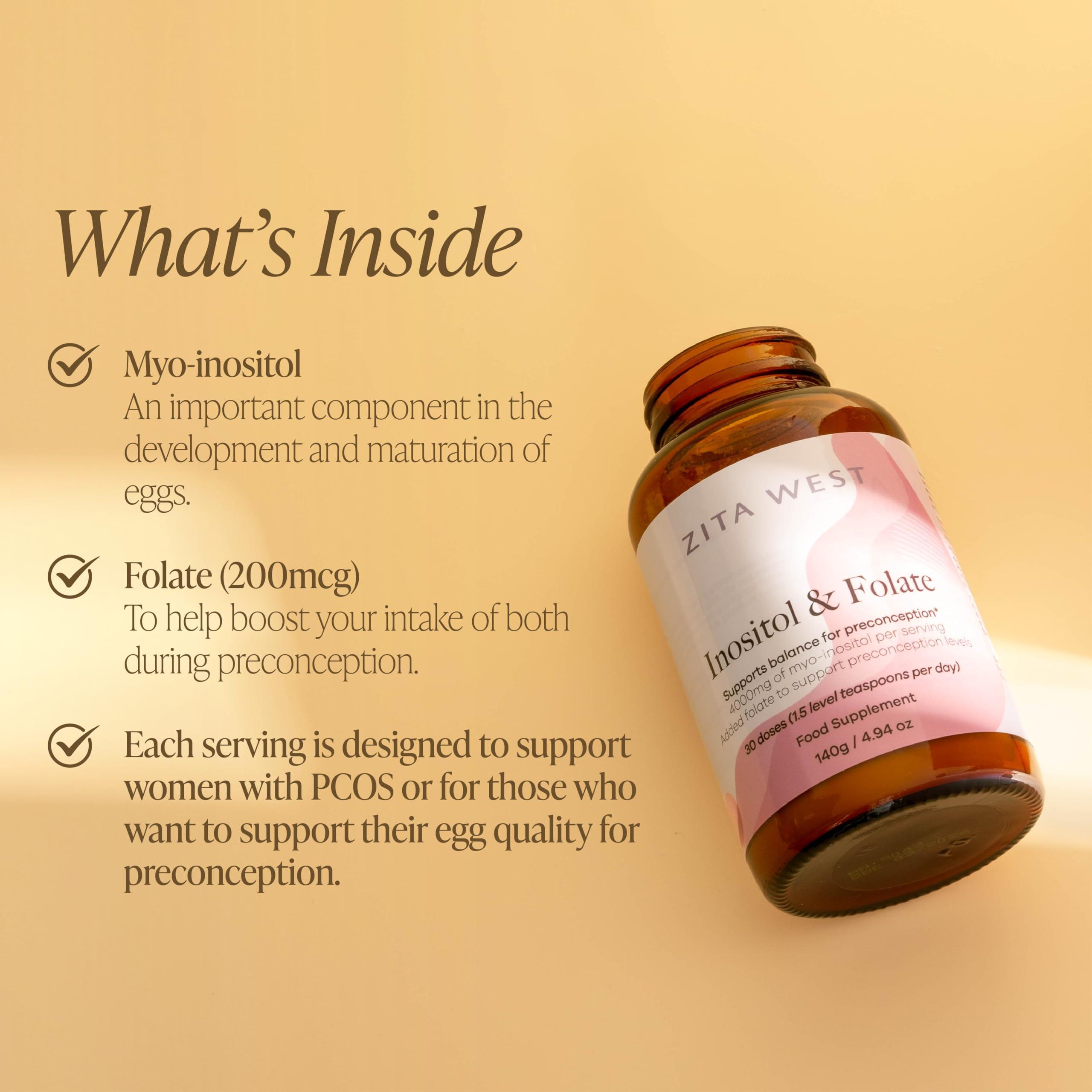 Zita West Zita West Myo-Inositol & Folate Powder 4000mg of Inositol Per Serving for PCOS, Egg & Menstrual Cycle Support, Preconception Supplement - 140g (30 Doses)