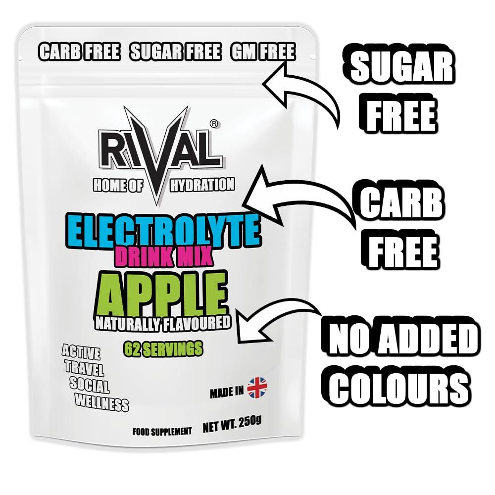 Rival Sports Fuel Rival Electrolyte Powder 250g Rapid Rehydration Naturally Flavoured, Sugar Free, Zero Carbs, Vegan, Keto Friendly - 62 Servings Made in The UK | Apple