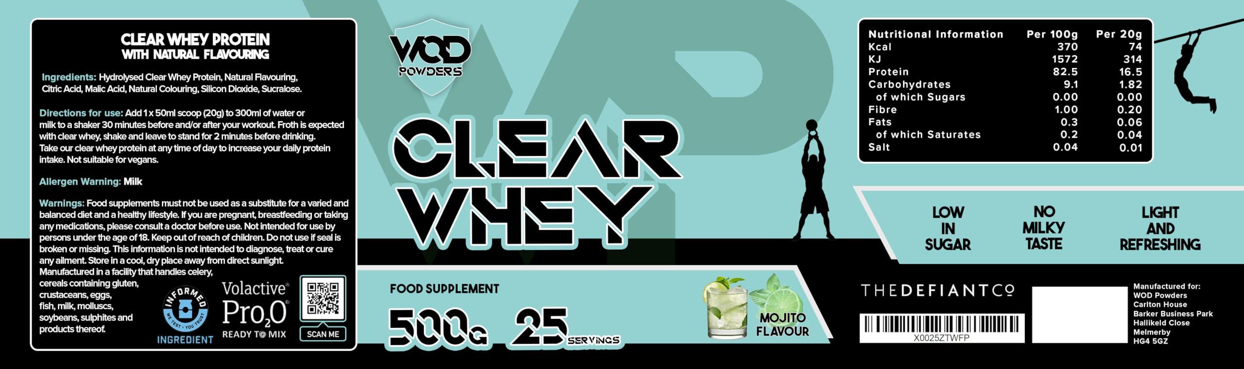 WOD Powders Clear Whey Isolate Protein Powder Refreshing Protein Shake | Low Lactose, Easy Digesting & High in Protein | Ideal for Workout Recovery 500g, 25 Servings - Mojito Flavour