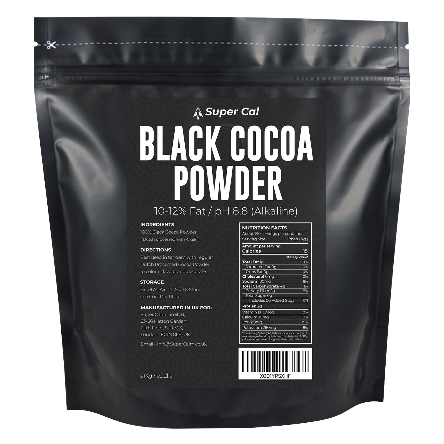 Super Cal Black Cocoa Powder for Baking - 1kg Pouch | Intense Deep Black Dutch Processed Unsweetened Cocoa Powder | pH 8.8 (Zero Bitterness) with 10-12% Fat | Super Cal