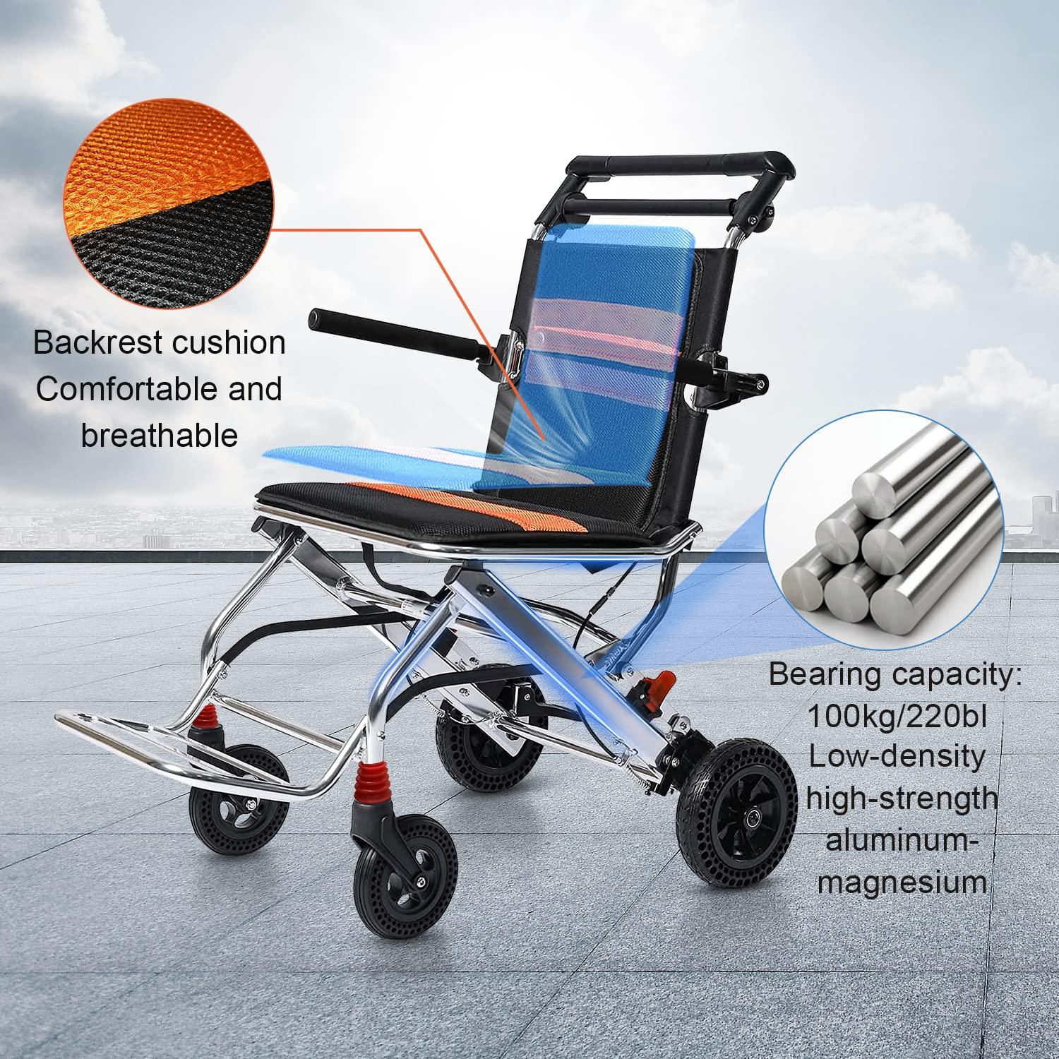 FreshCart Basics Super Lightweight Travel Wheelchair for Adults - No Assembly Required, Foldable Transport Chair with Travel Bag, Cushion & Anti-Tipper