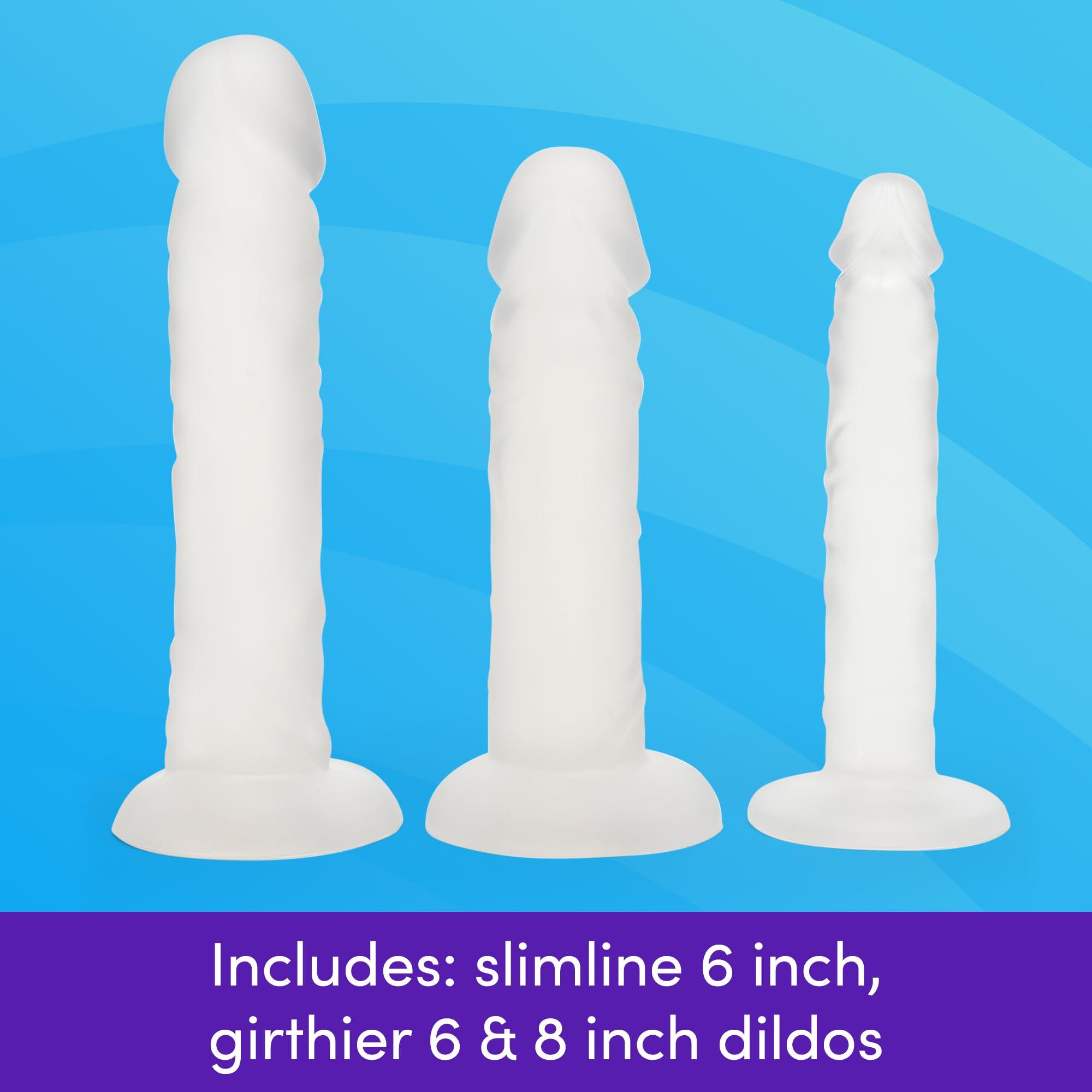 Lovehoney Lovehoney Triple Strap On Harness Kit - 3 Clear Strap On Dildos for Couples - 2 x 6 Inch & 1 x 8 Inch Slimline Dildos with Suction Cups - Includes 3 O-Rings - Adjustable Harness - Purple/Black