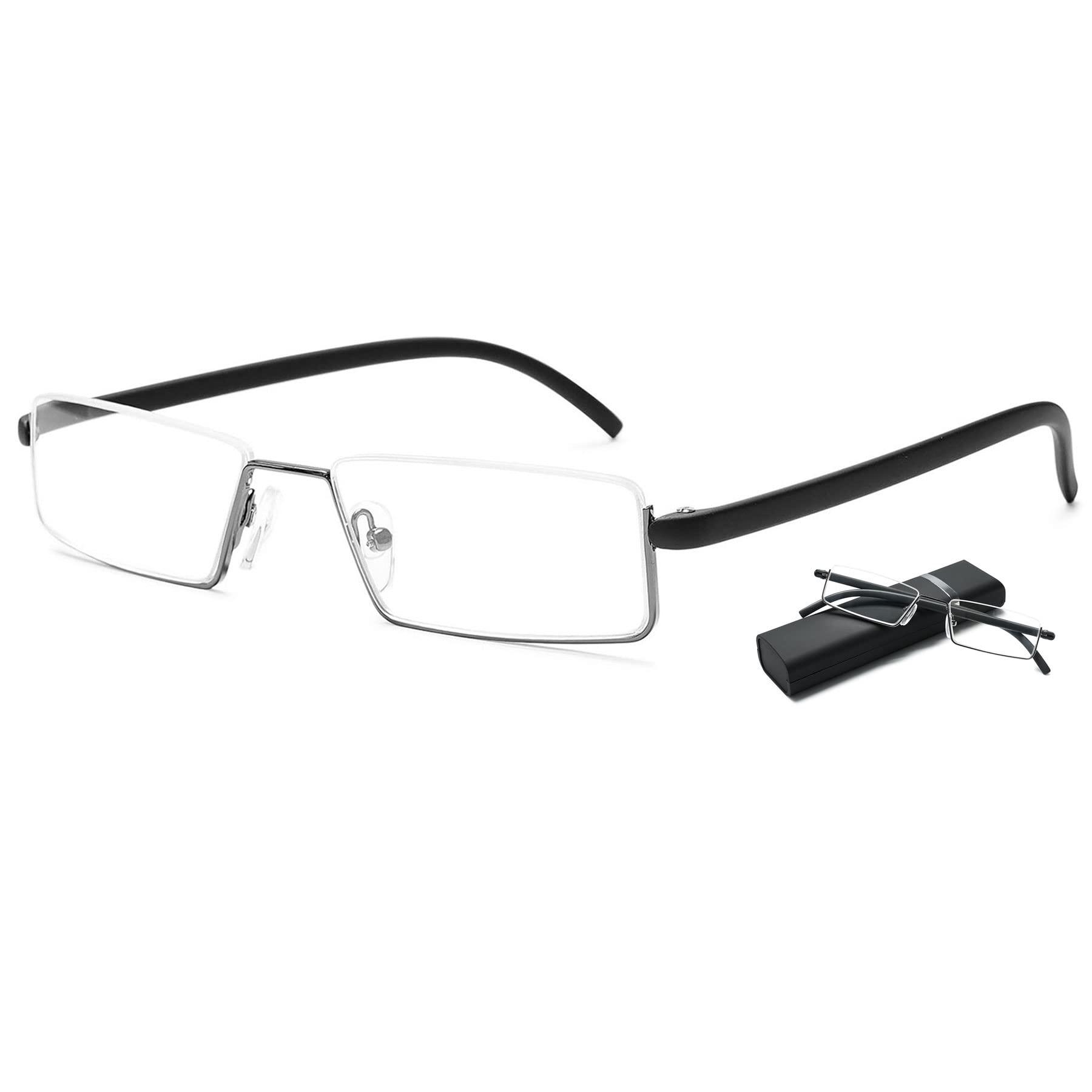 LANOMI Lanomi Rectangle Reading Glasses Metal Half Rim Flexible TR90 Arm Blue Light Blocking Reader Aid Eyeglasses with Case Black(HD Lens) 2.75