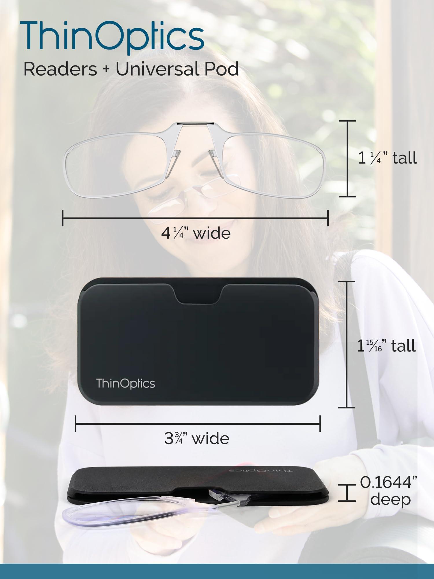 ThinOptics ThinOptics Reading Glasses 1.50 Black Frames with Colour Burst Universal Pod Compact Case - Ultra-light Foldable Rectangular Glasses - Clip-on Nose - 1.50 Strength with Flex-Fit Technology