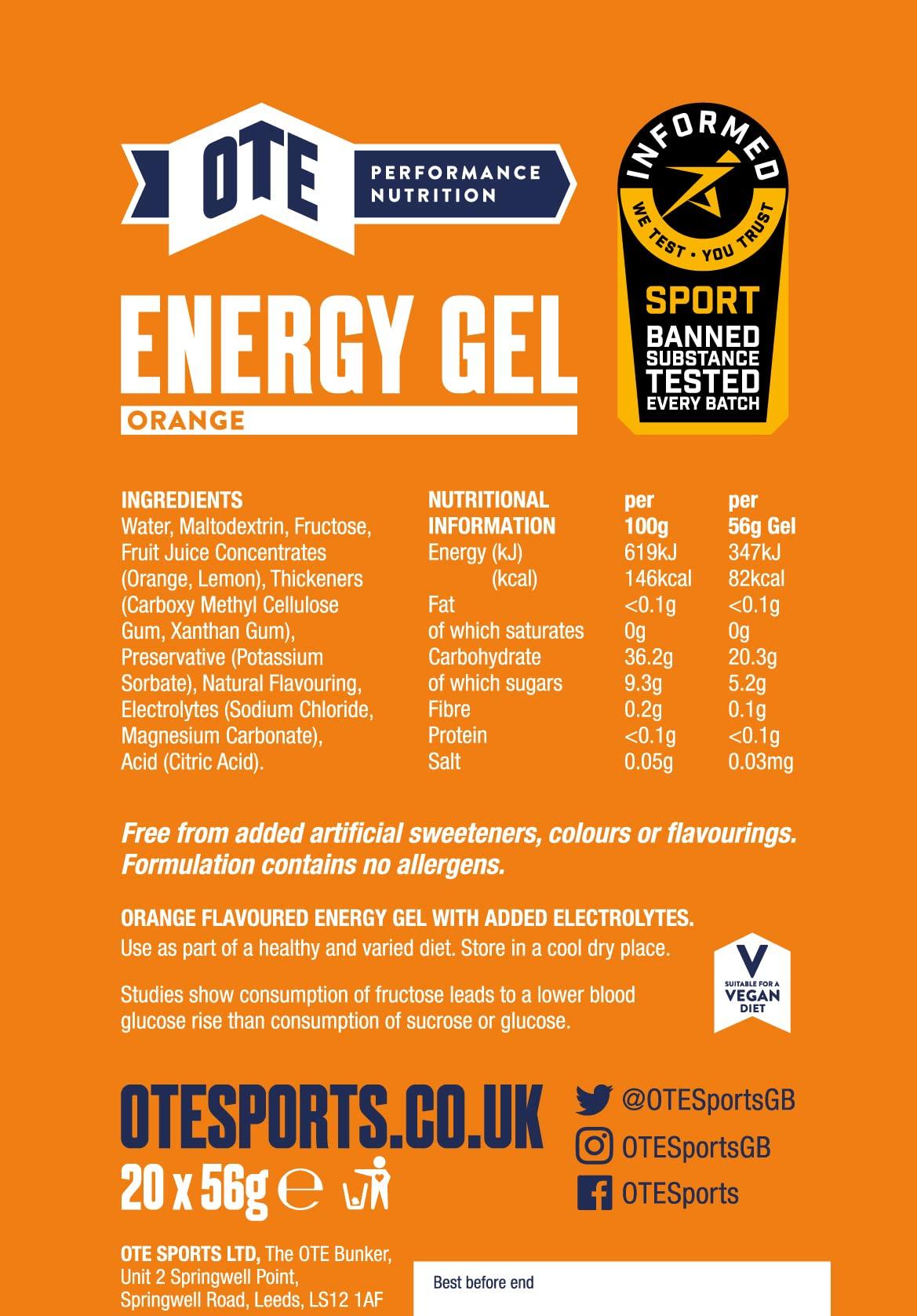OTE OTE Sports Energy Gels - Energy Gel for Running & Cycling - Hydration Supplement Pack with Carbohydrates and Electrolytes - Perfect for Marathons and Endurance Sport - 56g x 20 - (Orange)