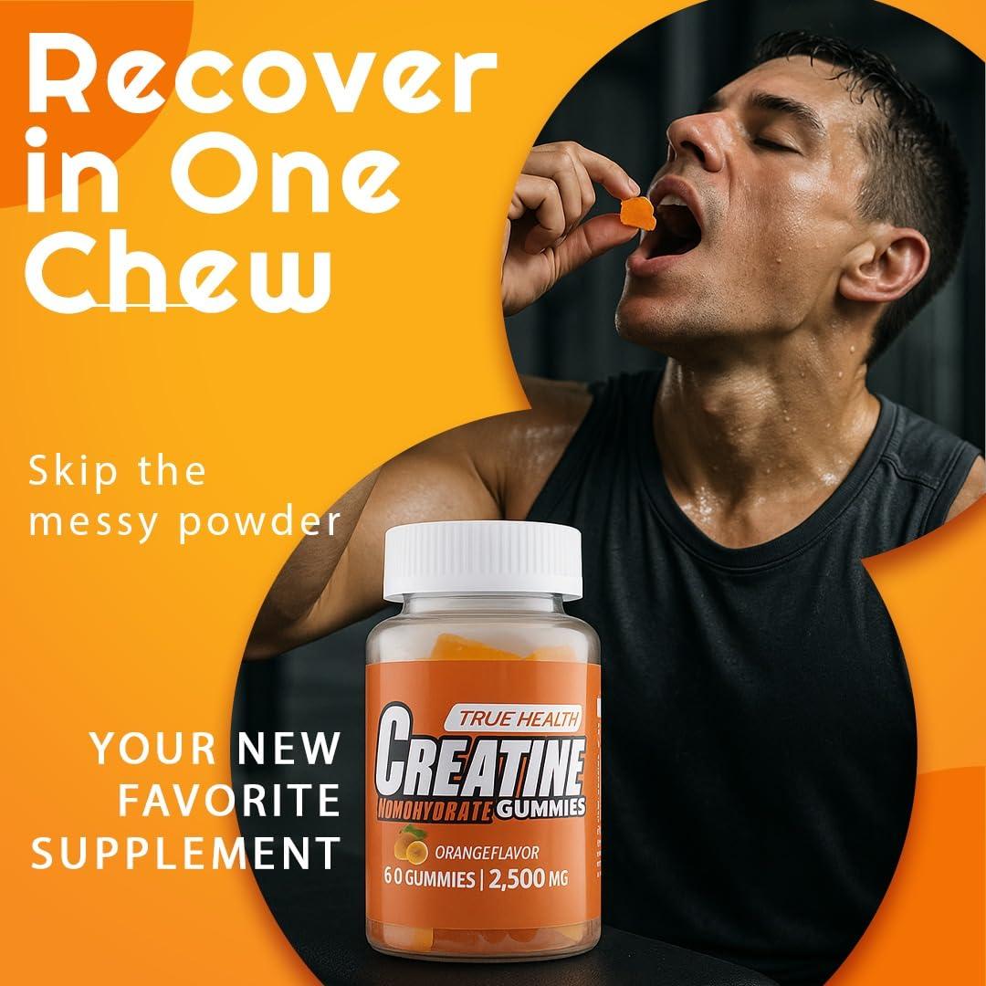 TRUE HEALTH True Health Creatine Monohydrate Gummies - Vegan Muscle Recovery Supplement, Orange Flavor, 60 Count - Easy & Tasty Post-Workout Boost
