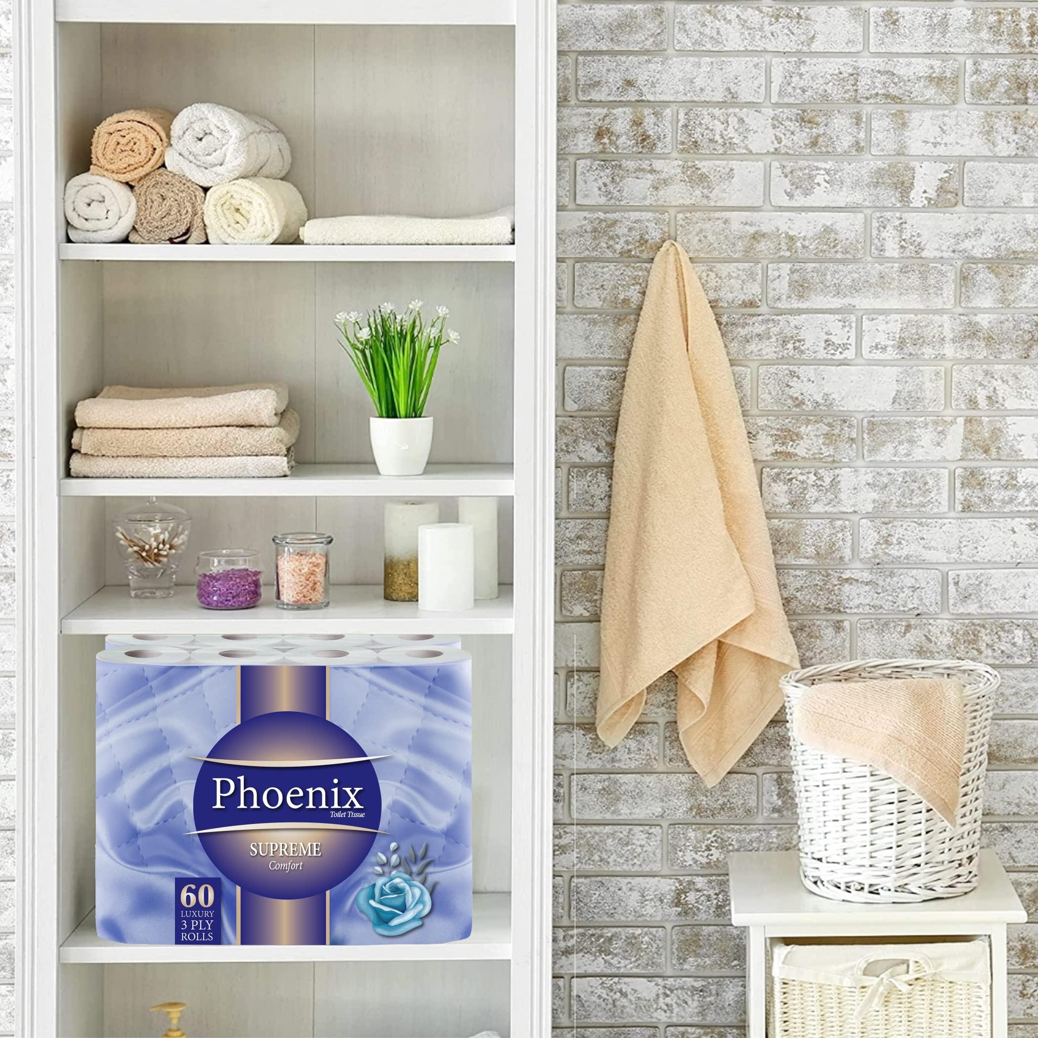 Phoenix 60 Phoenix Soft Supreme Luxury Toilet Rolls Bulk Buy - Quilted White 3 Ply Toilet Paper - Pack of 60 Toilet Tissue (12 x 5 Packs)