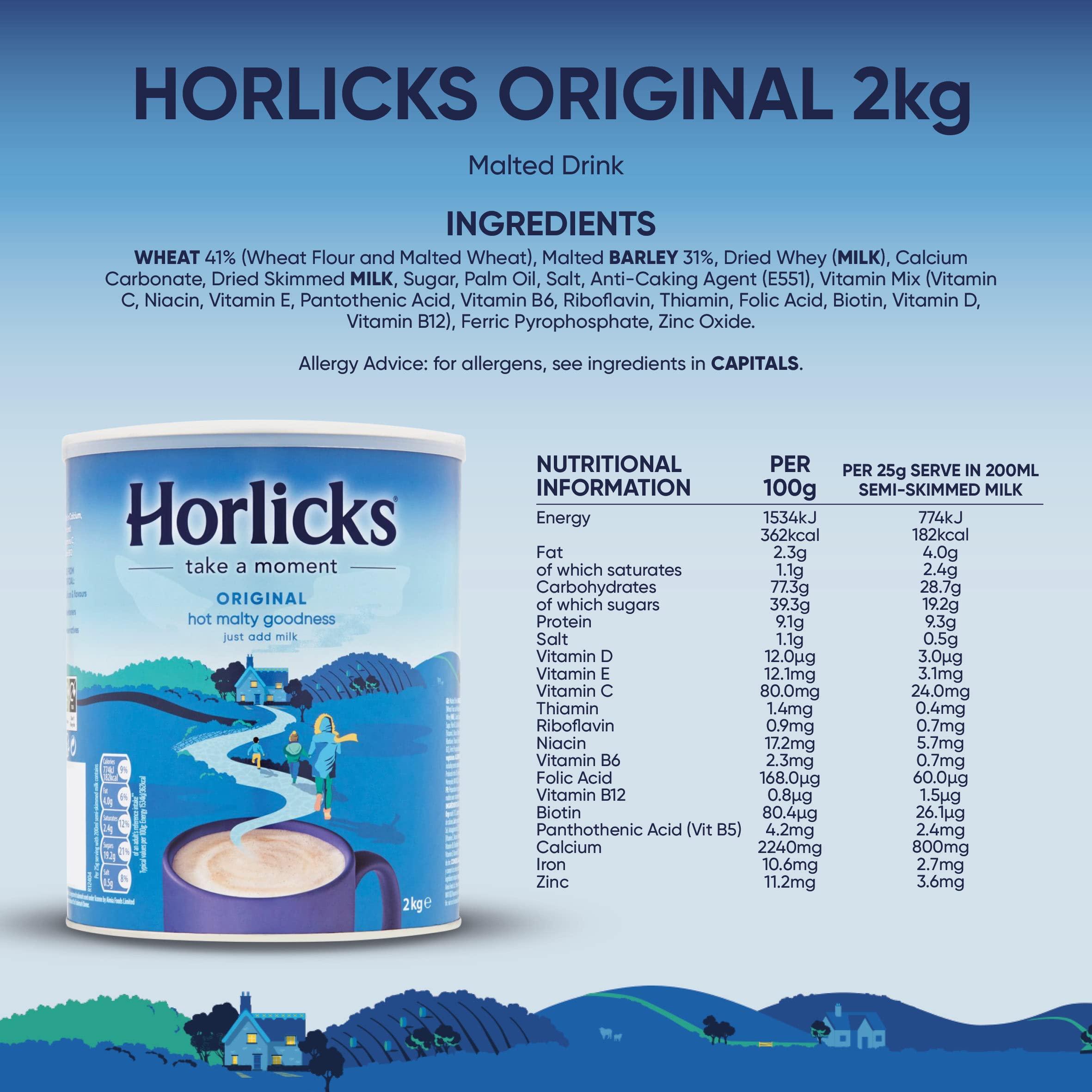 Horlicks Horlicks Original Malted Milk 2kg (Pack of 2) - Just add milk, The Original Malted Drink. High in Calcium, Zinc, Vitamin C, Vitamin D & Vitamin B12.