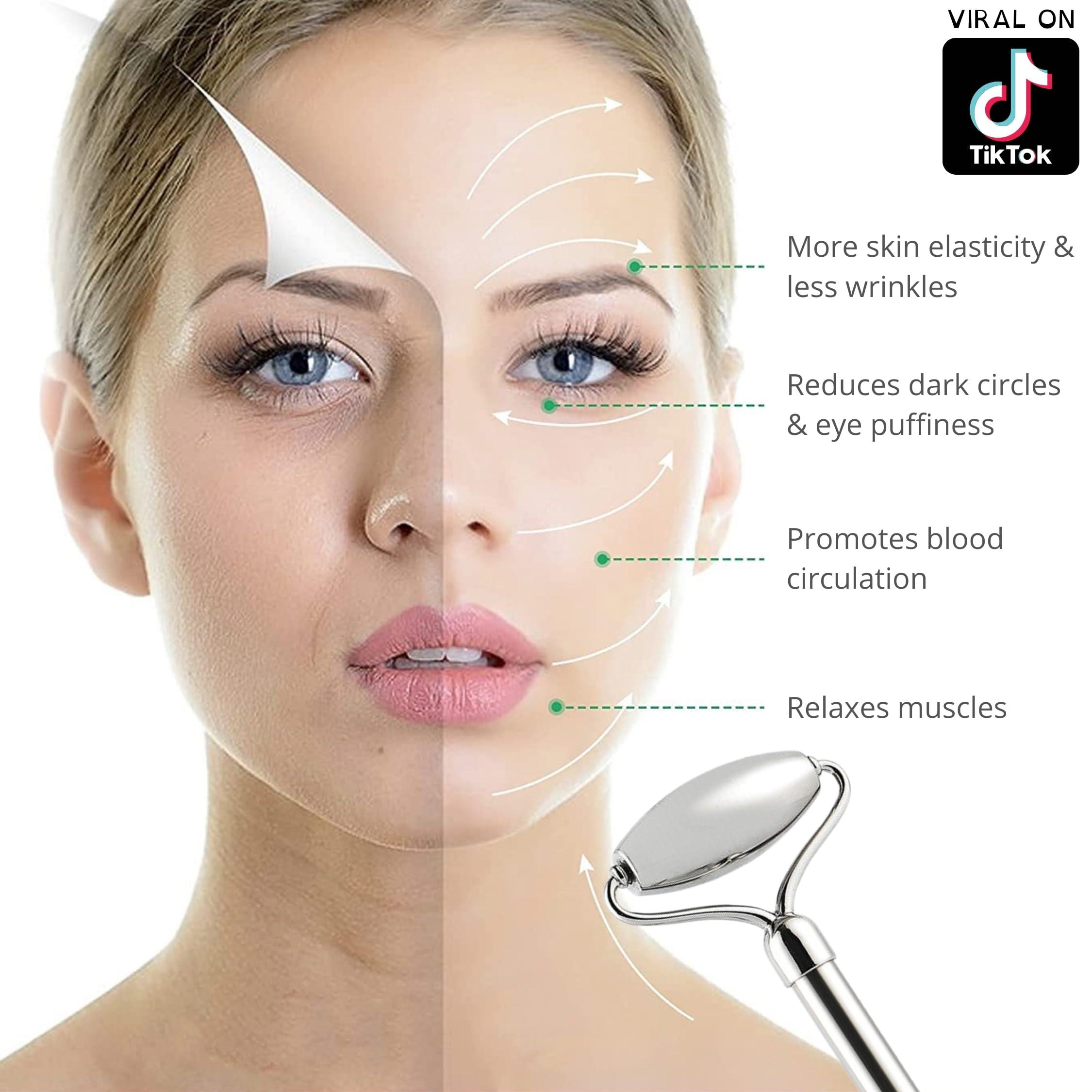 SV life Facial Roller + Gua Sha Stone Set 304 Stainless Steel | Metal Tools Kit for Body Massage, Face, Eyes, Chin, Back, Cellulite Legs | GuaSha Cold Effect Roller