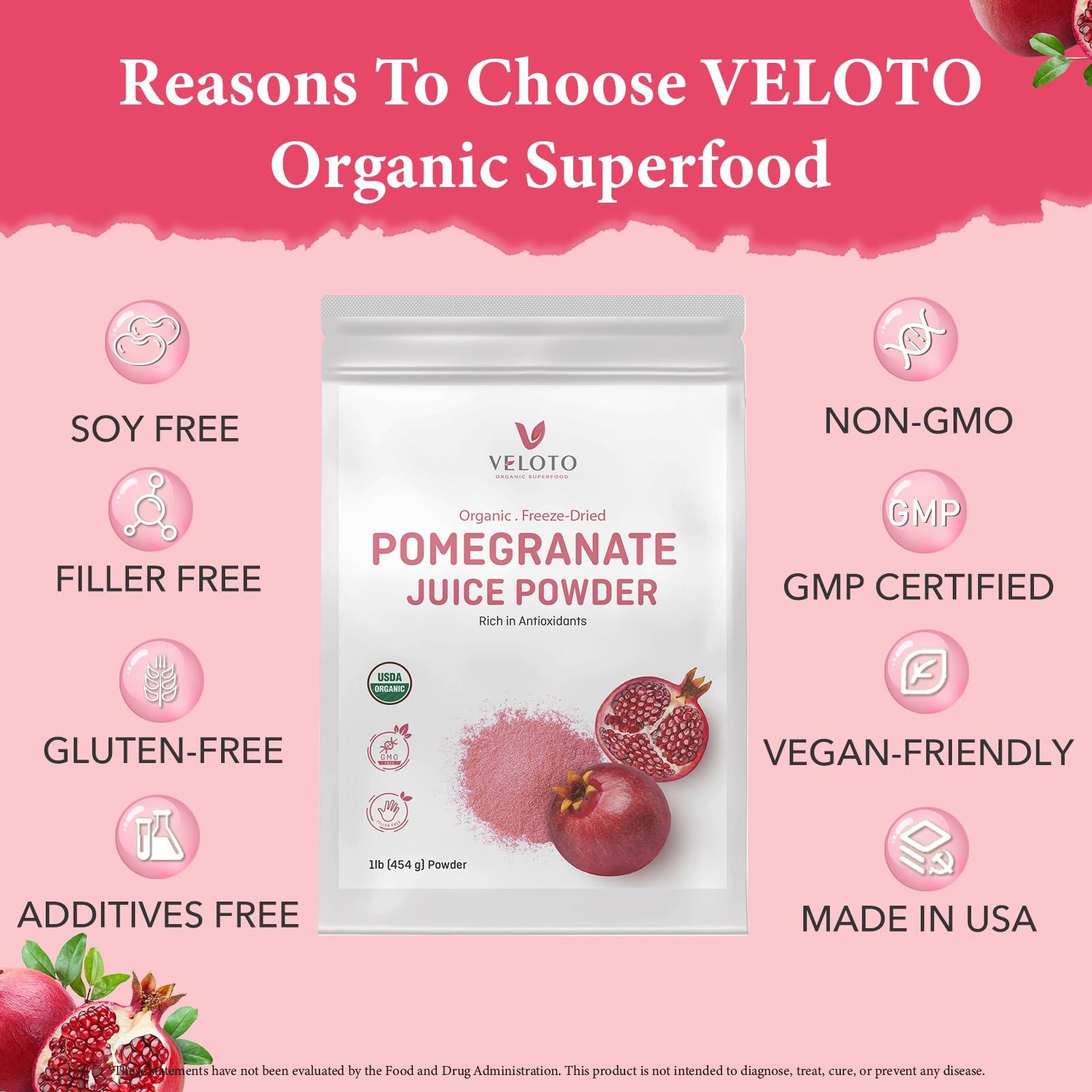 VELOTO Organic Pomegranate Juice Powder, Pure Pomegranate Powder Fruit Freeze Dried Powder, Natural Vitamin C Vegan Sweetener Superfoods for Smoothies, Yogurt & Shake, Gluten Free, Non GMO, 1 lb