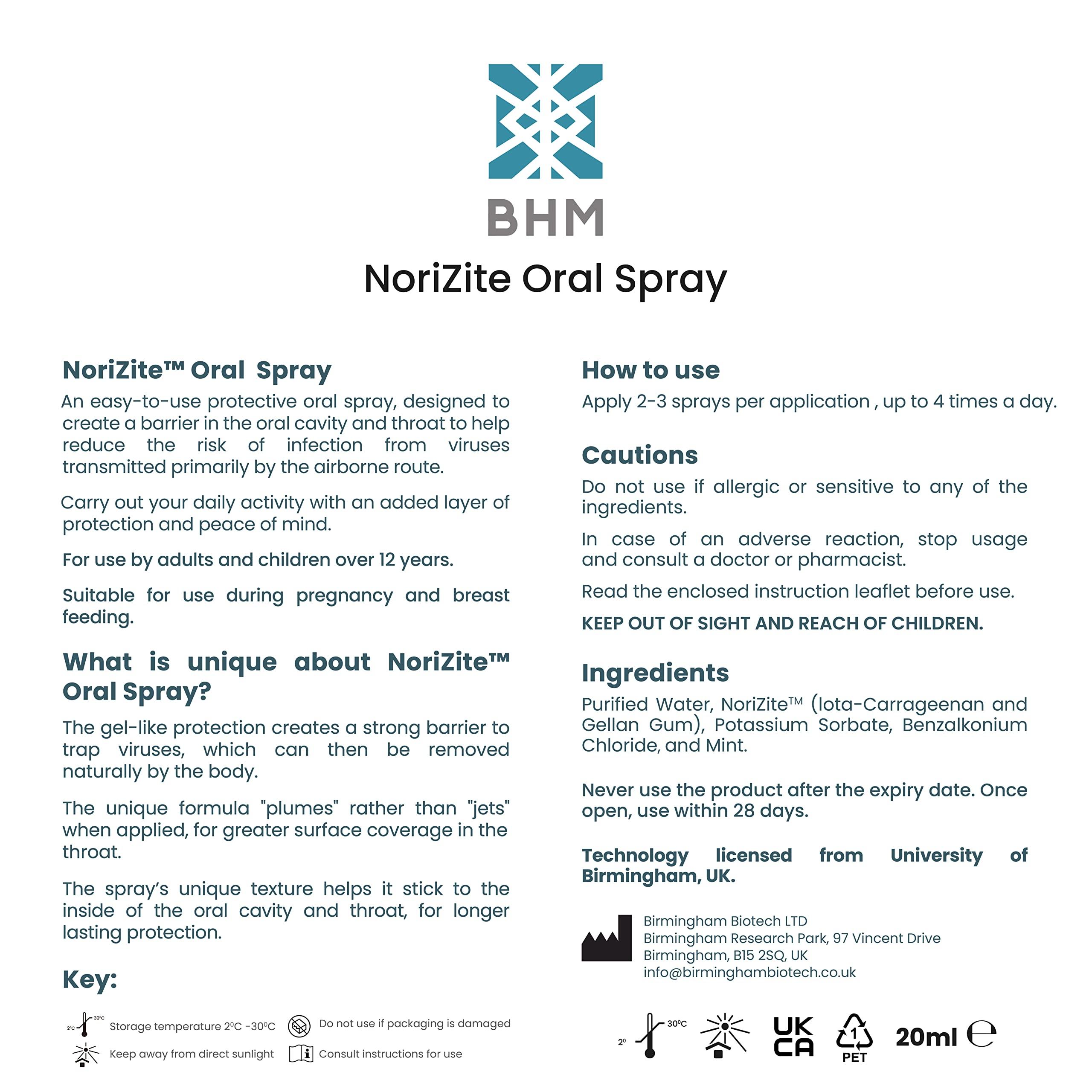 NoriZite BHM NoriZite Oral Spray for Virus Protection, Cold & Flu Blocker, Sore Throat & Cough Relief Scientifically Proven New Long-Lasting Natural Barrier, Natural Moisturising Formula (Mint Flavour 20ml)