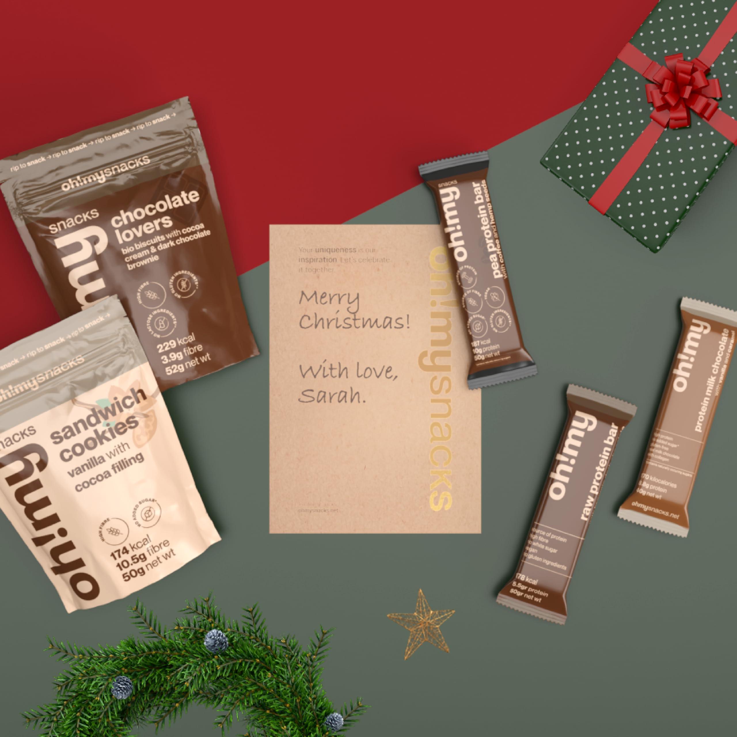 Oh My Snacks Oh!mysnacks Christmas Hamper - Personalised Gift Hamper of Healthy Snacks | Snack Hamper for Adults with Protein Bars, Cookies and other Low Calorie Sweets | Christmas Food Hamper (60 Snacks)