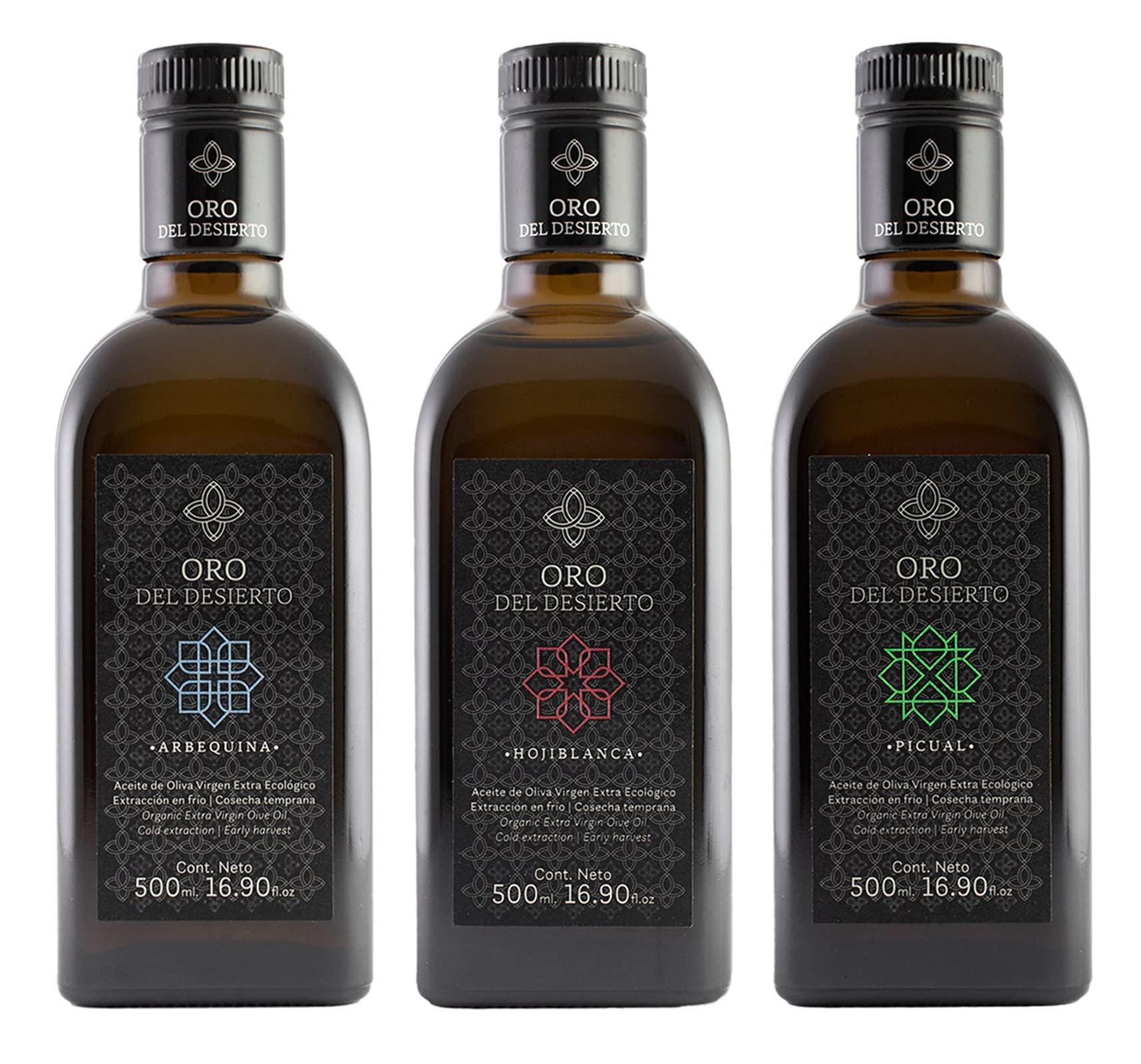 Oro del Desierto ORO DEL DESIERTO - Spanish Organic Extra Virgin Olive Oil (Arbequina, Hojiblanca and Picual Varieties) - Pack of 3 x 500 ml