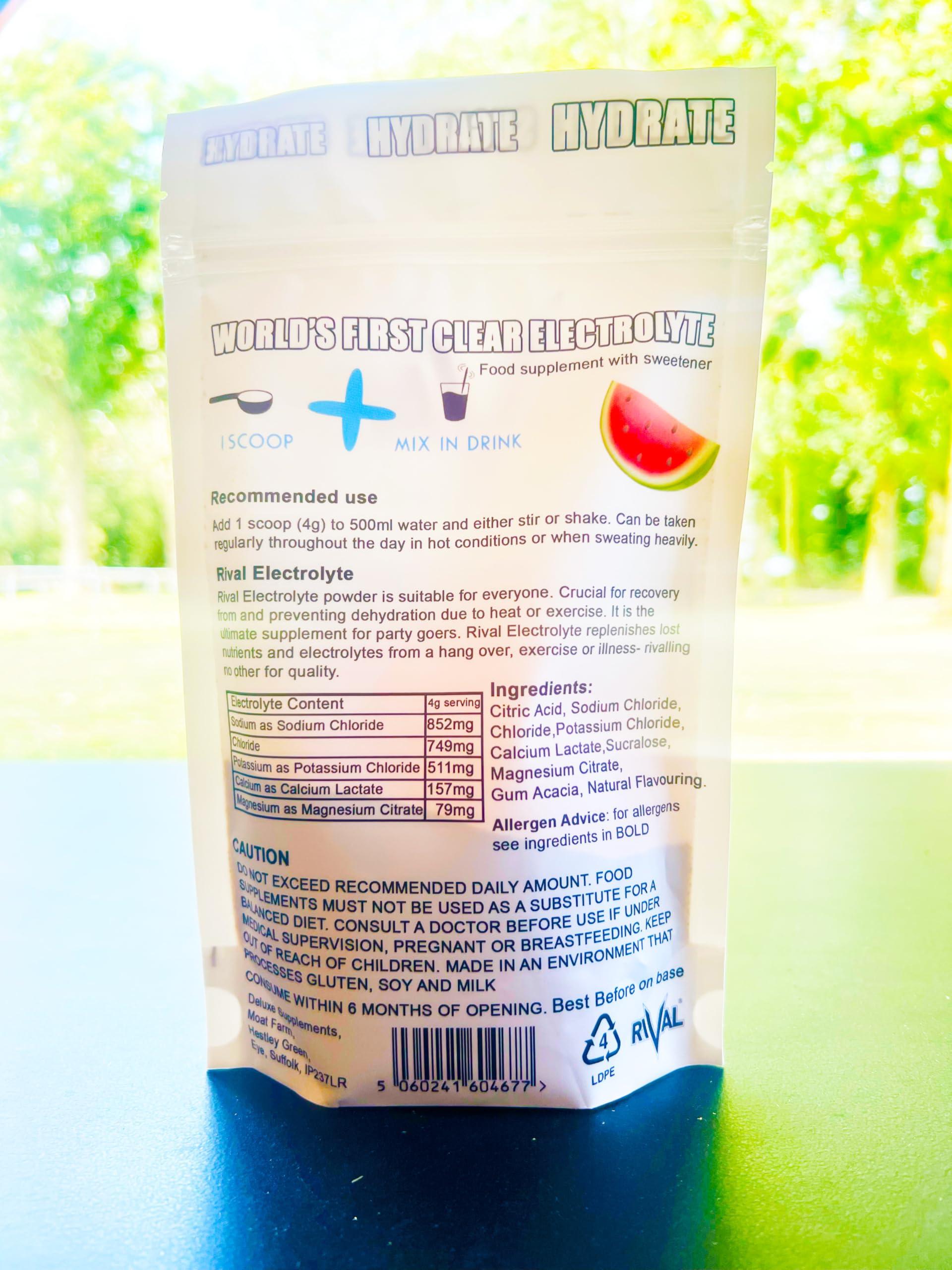 Rival Sports Fuel Rival Electrolyte Powder 250g Rapid Rehydration Naturally Flavoured, Sugar Free, Zero Carbs, Vegan, Keto Friendly - 62 Servings Made in The UK | Watermelon