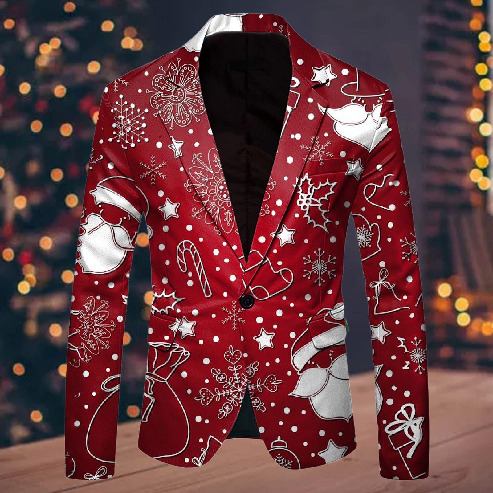 Foweknow Foweknow Christmas Suit Men's Christmas Jacket Funny Christmas Suit Jacket Festive Santa Xmas Costume Long Sleeve Slim Fit Outdoor Jacket Lapel Collar Leisure Jacket with Buttons, Wine Red, 3XL