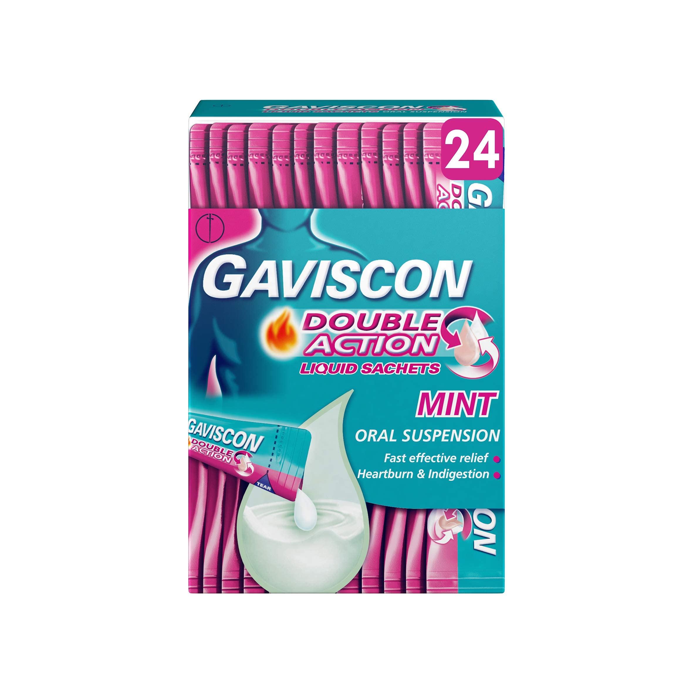 Gaviscon Gaviscon Double Action Sachets, Mint, 24 X 10ml, Heartburn Relief, Acid Reflux, Indigestion Liquid Gerd, Gastro Resistant, Gets To Work Instantly, Lasts 2X Longer, Antacids, Digestion and Nausea