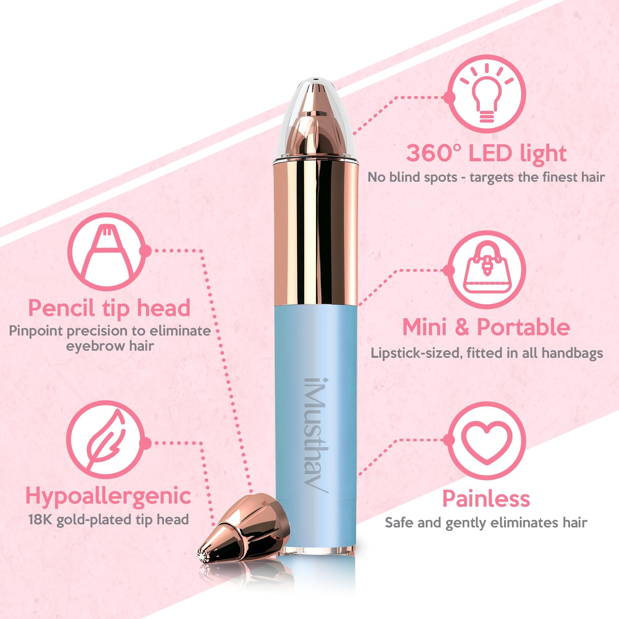 iMusthav iMusthav Mini Portable Eyebrow Removal Trimmer for Women, Eyebrow Epilator Pen, 18K gold-plated hypoallergenic precision pencil-tip. 360 LED light for Instant and Painless Hair Removal.