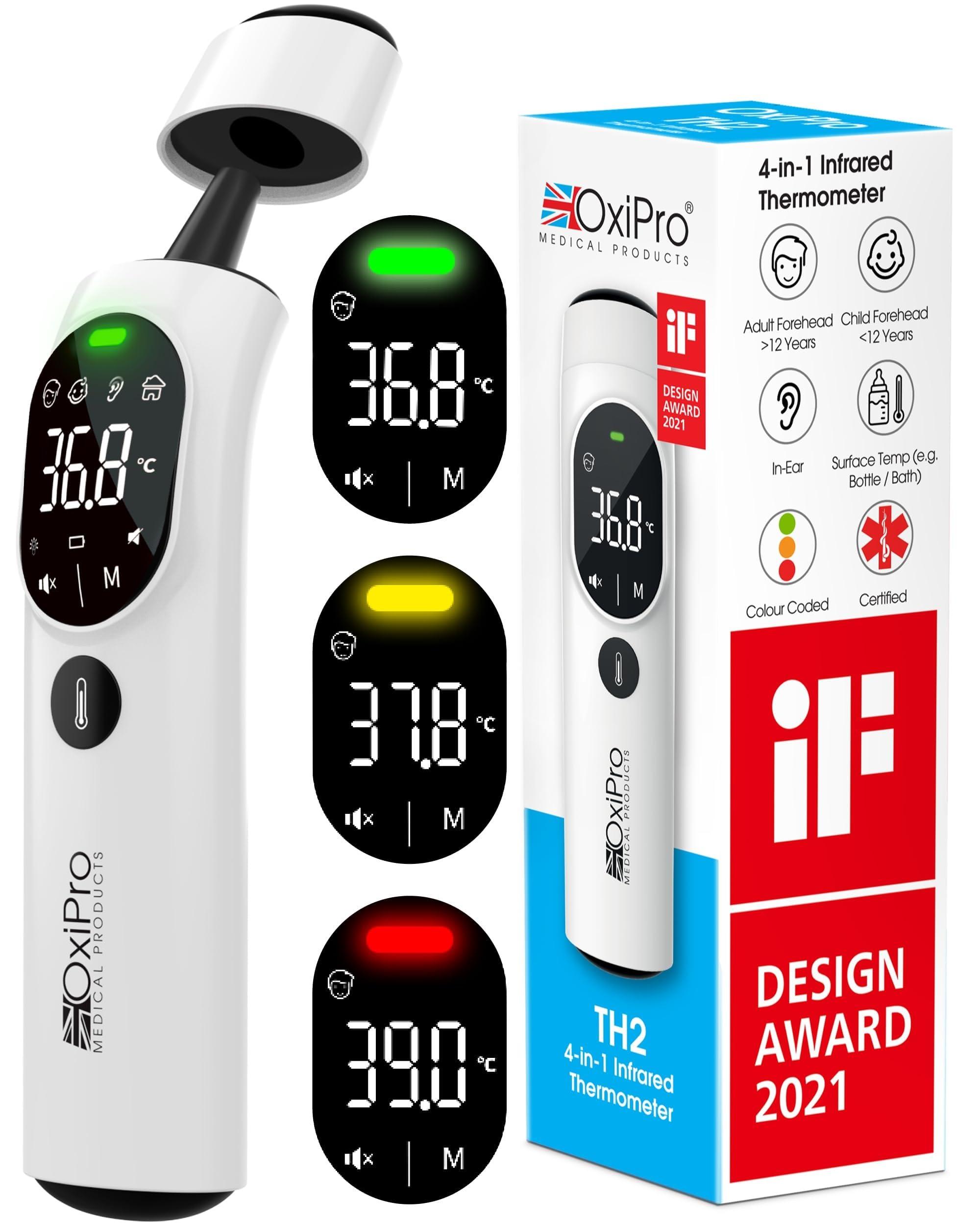OxiPro OxiPro TH2 Thermometer - NHS Supplier - German Sensor - IF Award Winner - CE Approved - In-Ear, Forehead, Non-Touch & Baby Modes - Infrared Thermometer for Newborn, Baby, Kids, Children & Adults