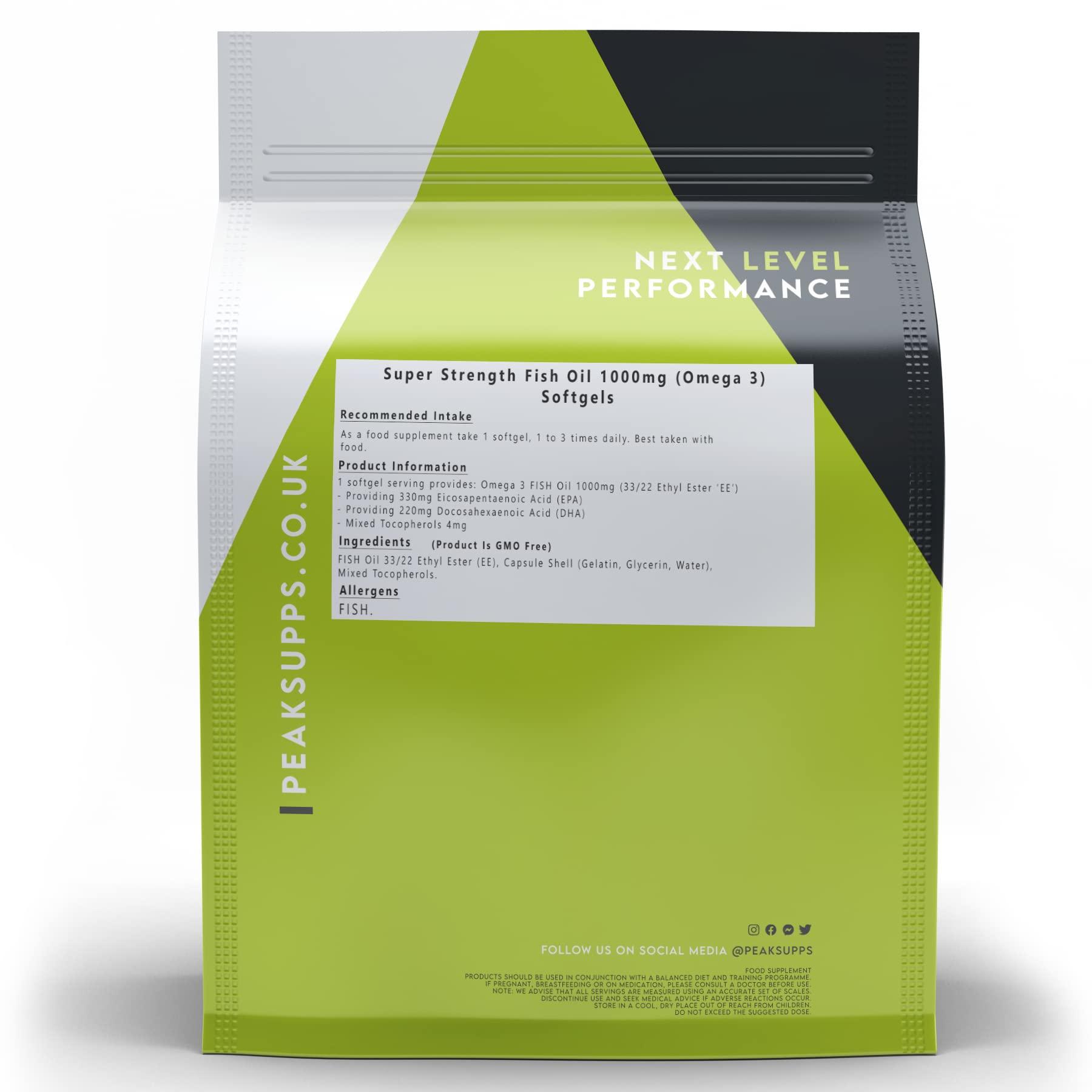 Peak Supps Super Strength Fish Oil 1000mg - 360 Softgels | Omega 3 | 33:22 Ratio