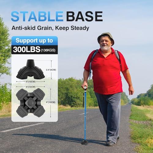 BeneCane BeneCane Walking Cane for Women Folding Cane for Men with Two Led Lights Quad Cane with Stable Base Lightweight and Adjustable Walking Stick (Blue)