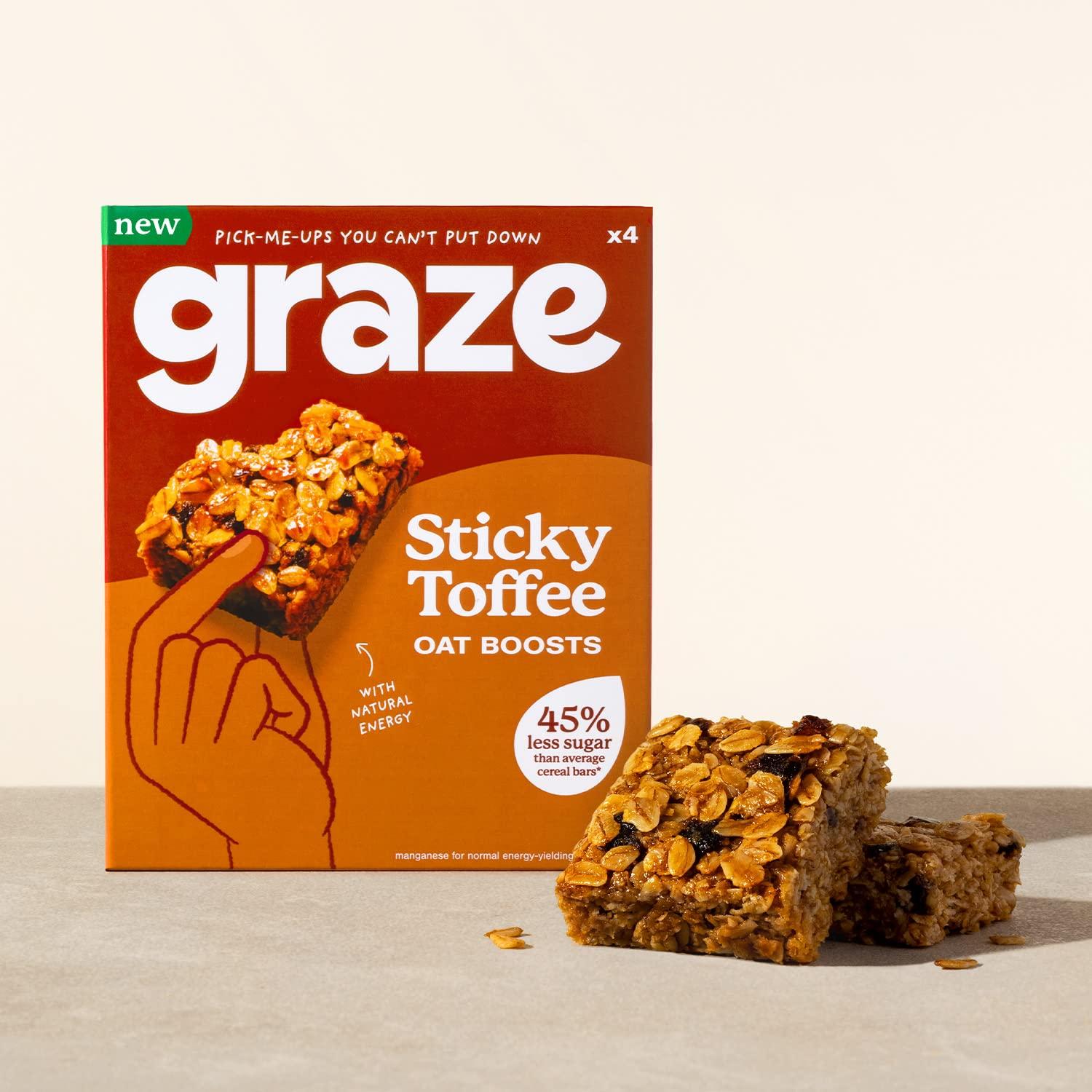 GRAZE Graze - Sticky Toffee Oat Boost Bars Snacks - Vegetarian Snacks with Whole Oats and Natural Flavours - 8 packs of 4 Snack Bars, 32 Snacks total