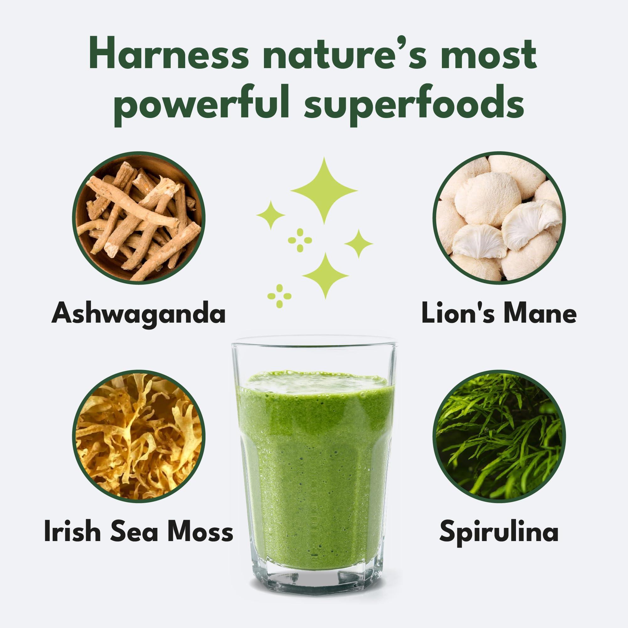 Four Leaf Farmacy Greens Powder - Made in UK with 37 superfoods - 300g High Dosage Servings - Vegan Gluten Free Greens Powder- Daily Vitamins, probiotics for Gut Health - with KSM-66 Ashwagandha and Lions Mane