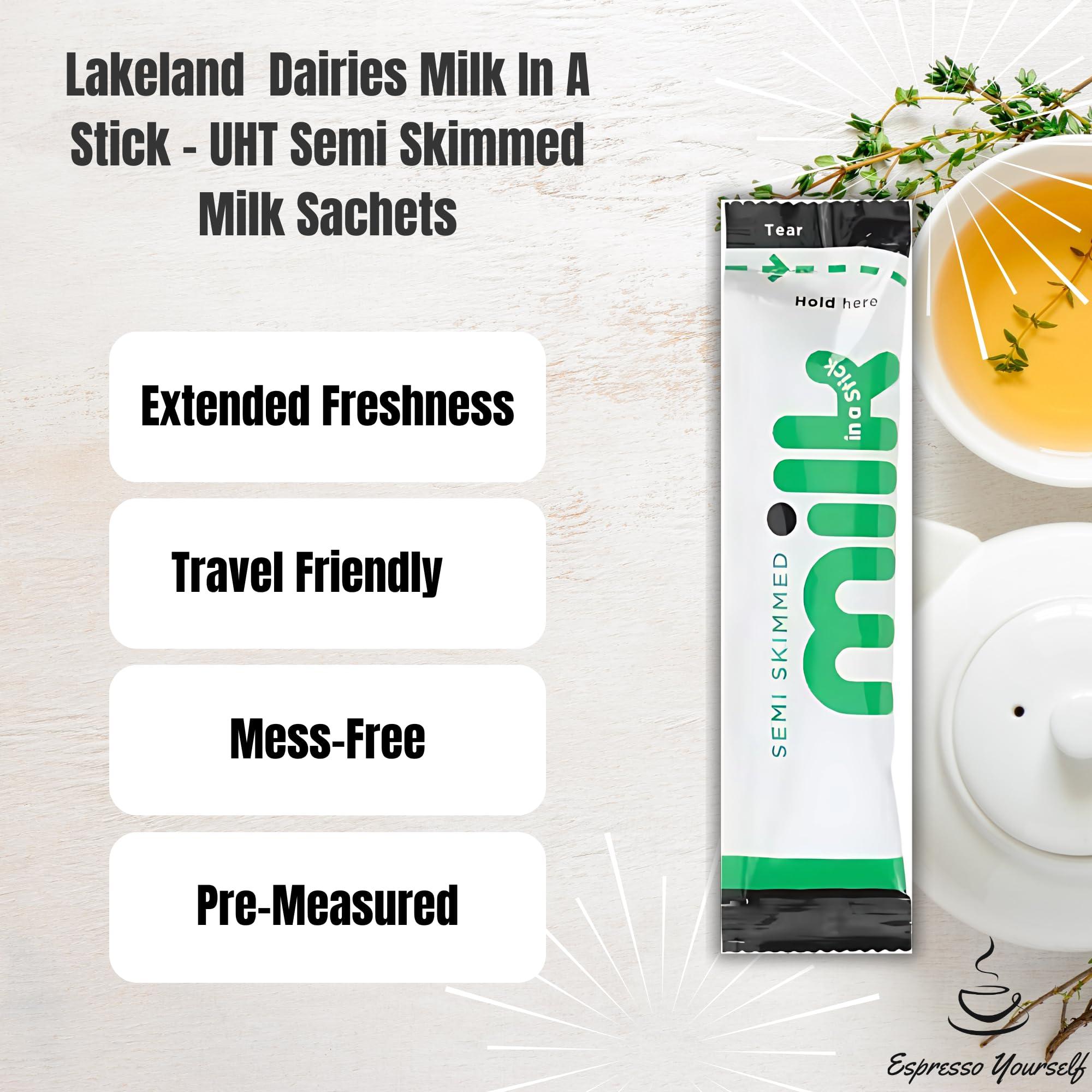 Espresso Yourself 30 x Lakeland Dairies Milk In A Stick - UHT Semi Skimmed Milk Sachets - 10ml Each. Ideal for Travel, Camping, Work, Hotels, Airplanes, and Letterbox Friendly Packaging By Espresso Yourself