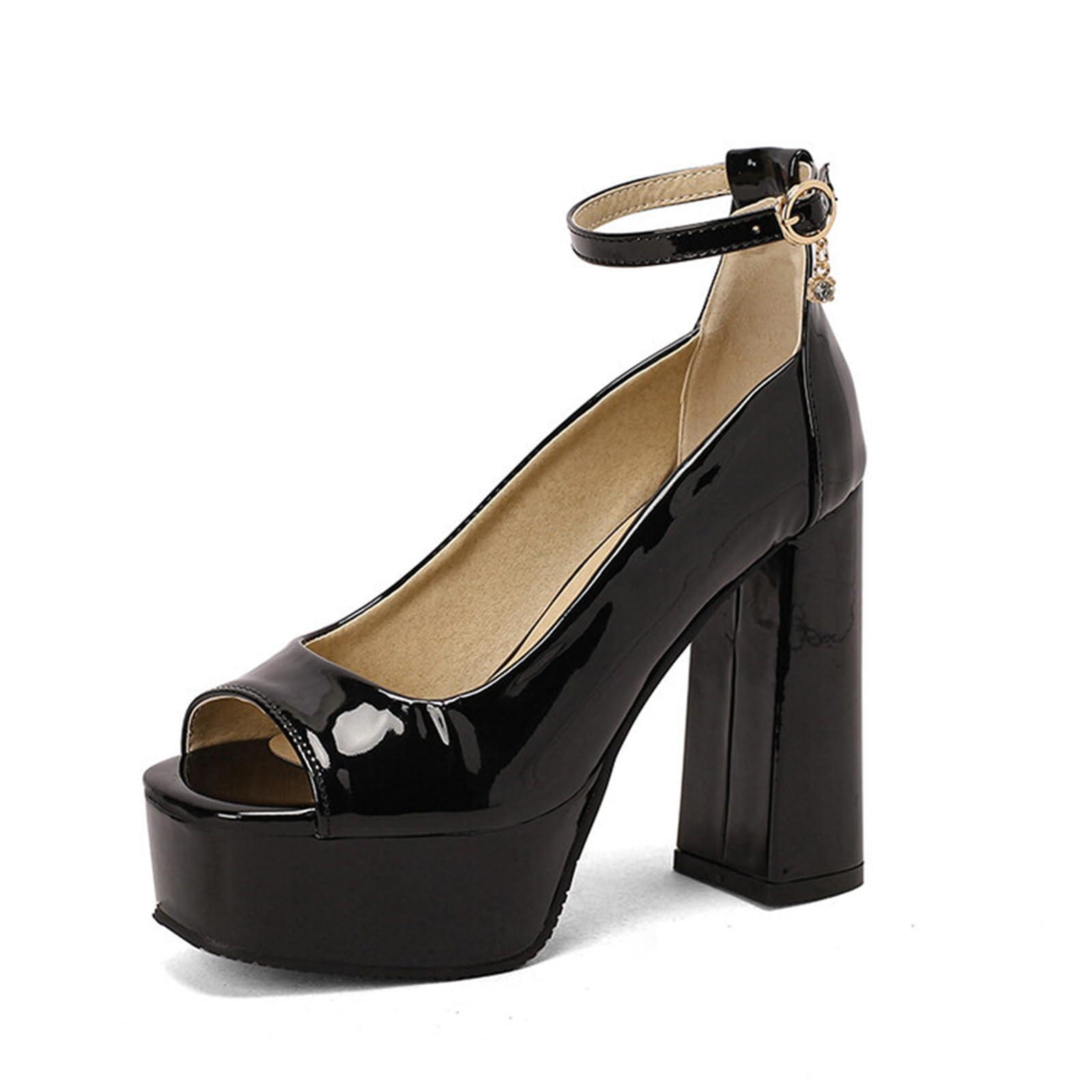 WOkismD 12.5CM/4.92IN Women's Platform Chunky Heel Sandals Open Toe Ankle Strap Buckle Platform Wedding Bridal Sandals,Black,37