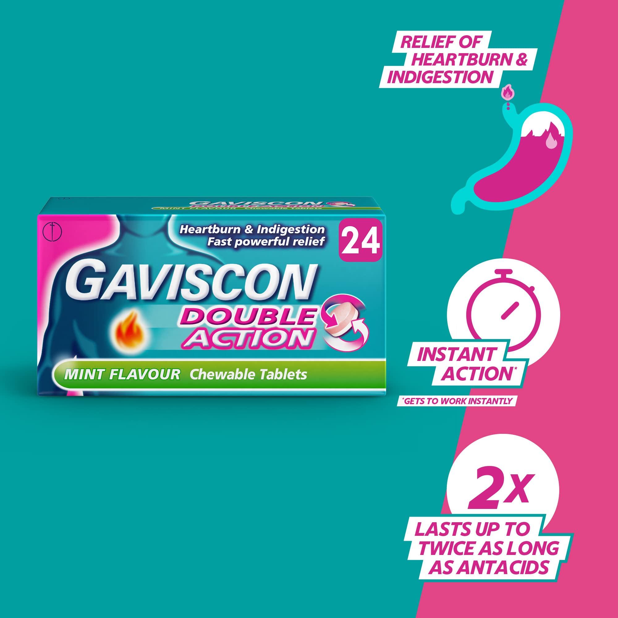 Gaviscon Gaviscon Double Action Heartburn and Indigestion Tablets, Mint Flavour, Pack of 4 x 24 Tablets, Total 96 Tablets